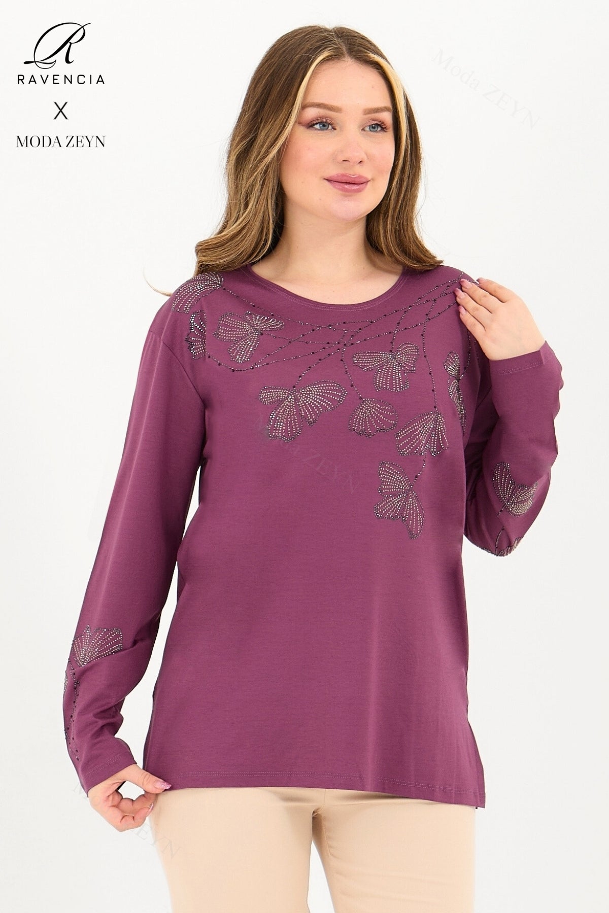 Kadın Orta Yaş Ve Üzeri Viskon Gonca Yaprak Desenli Taşlı Işlemeli Likralı Kiremit Anne Penye Bluz