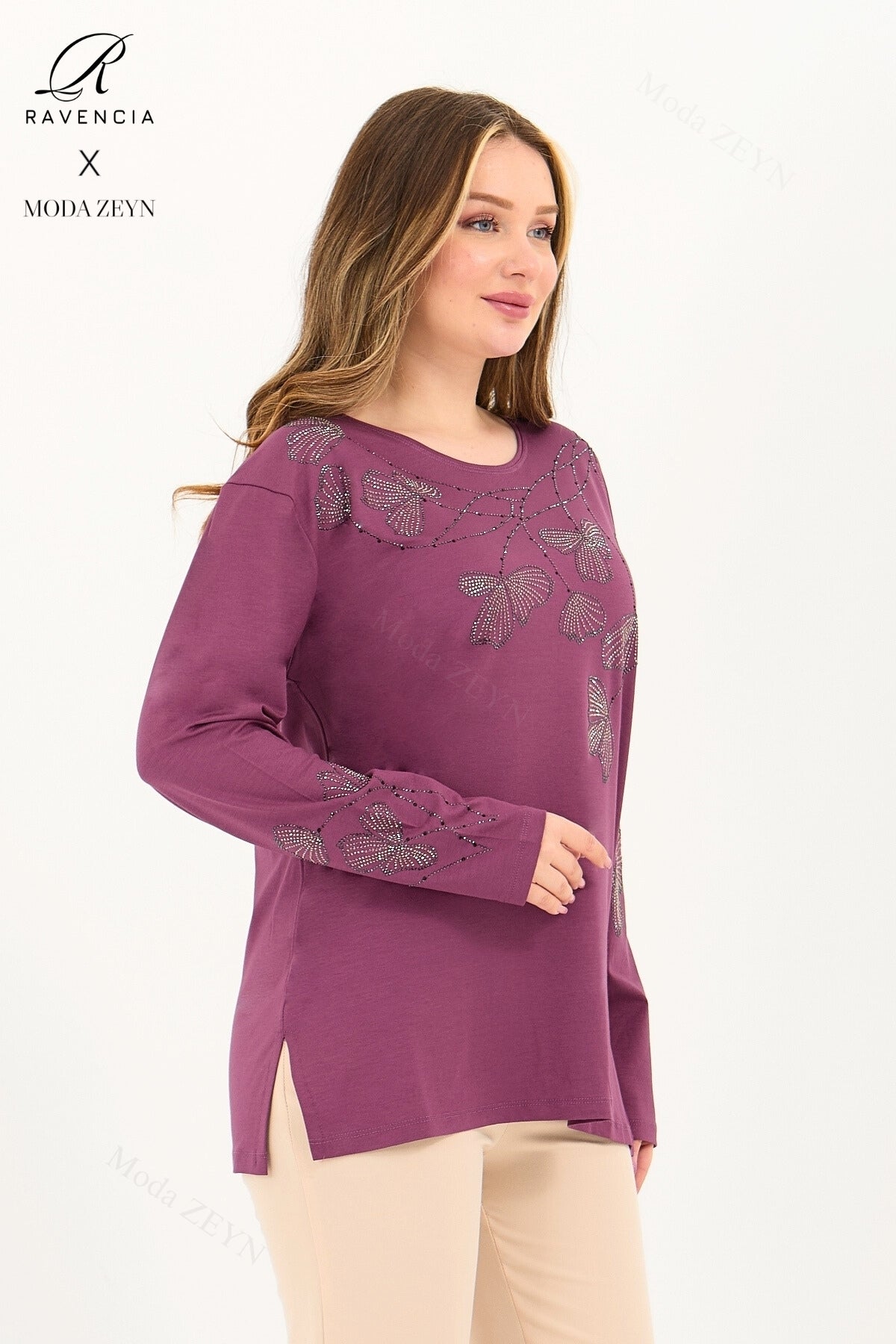 Kadın Orta Yaş Ve Üzeri Viskon Gonca Yaprak Desenli Taşlı Işlemeli Likralı Kiremit Anne Penye Bluz