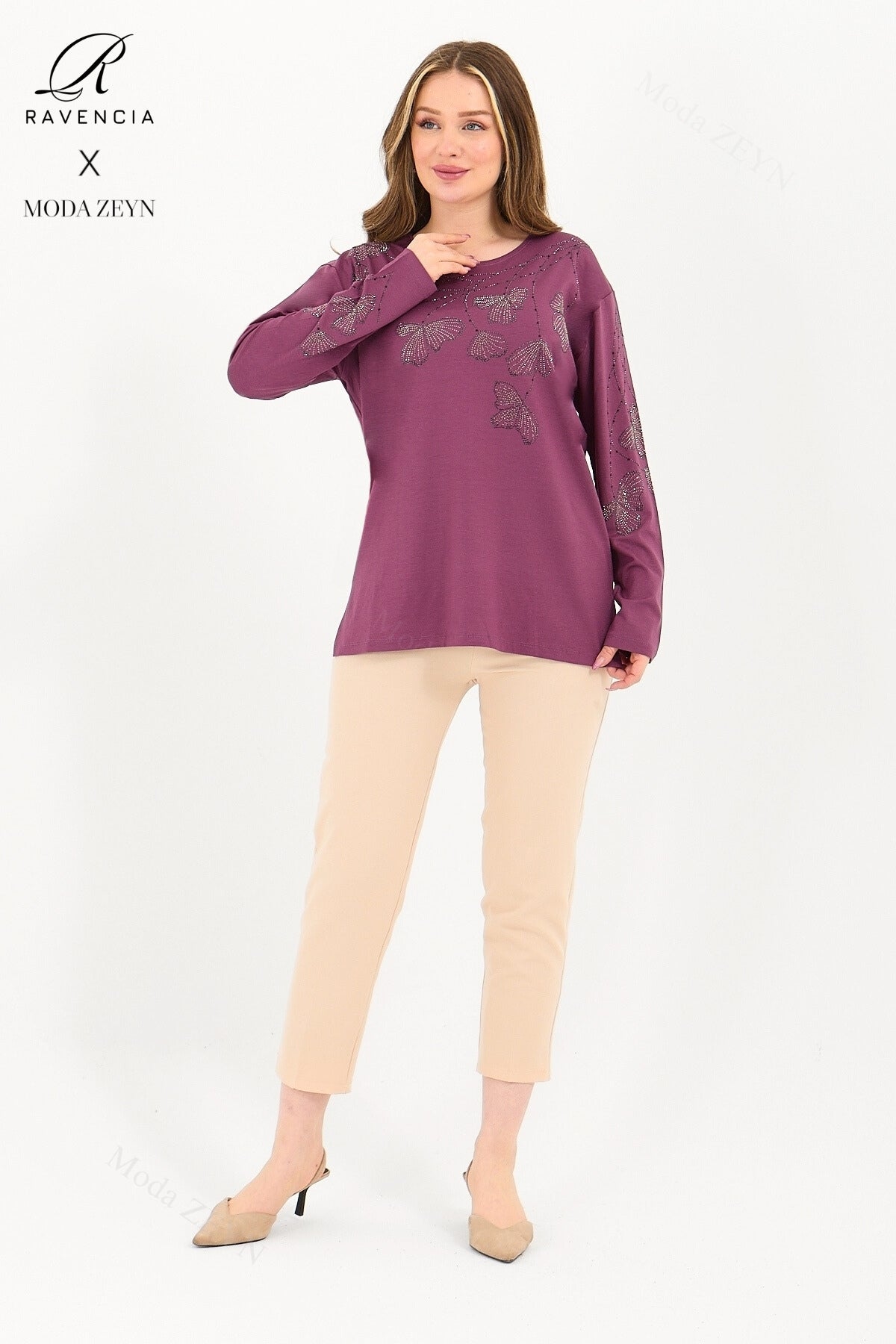 Kadın Orta Yaş Ve Üzeri Viskon Gonca Yaprak Desenli Taşlı Işlemeli Likralı Kiremit Anne Penye Bluz