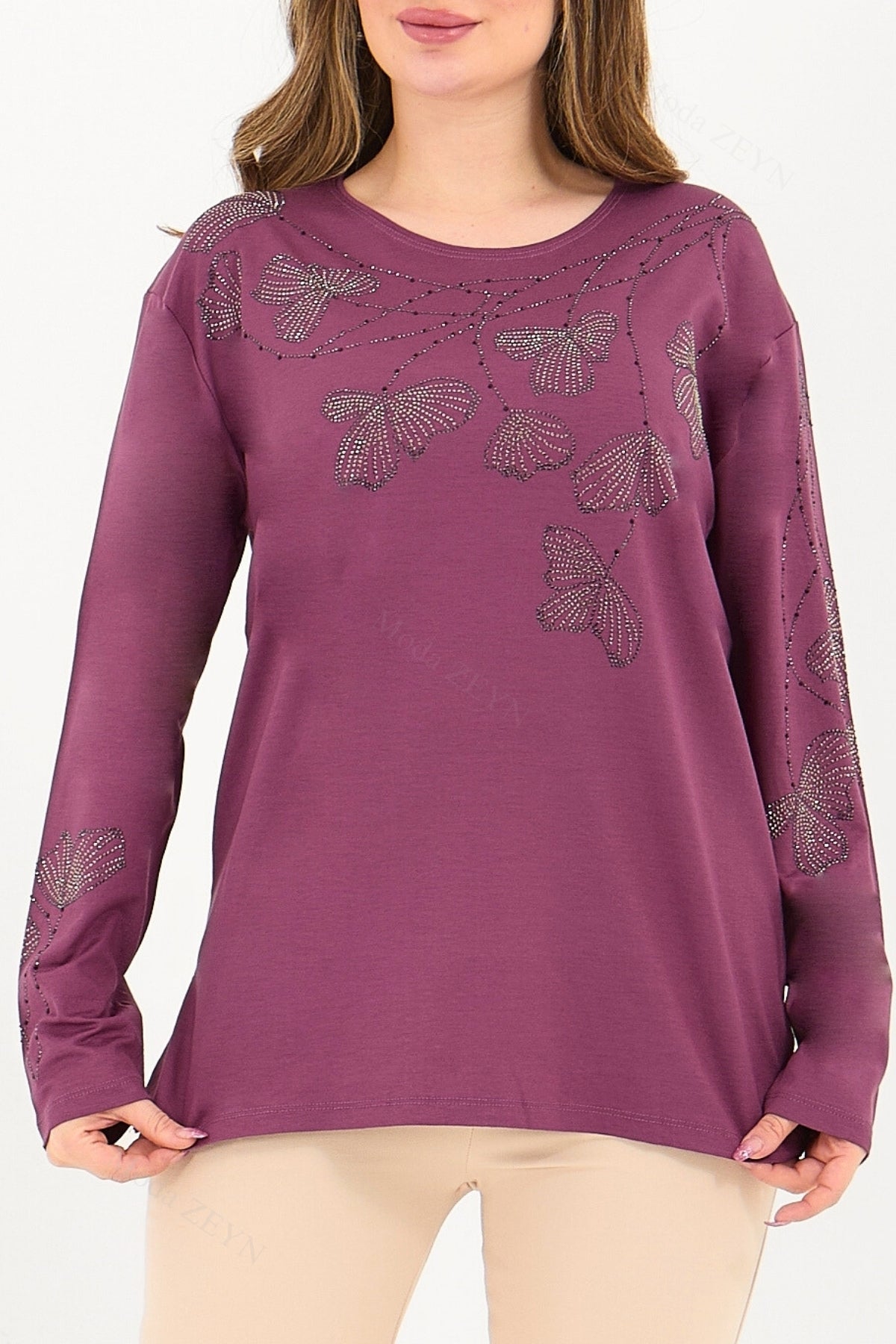 Kadın Orta Yaş Ve Üzeri Viskon Gonca Yaprak Desenli Taşlı Işlemeli Likralı Kiremit Anne Penye Bluz