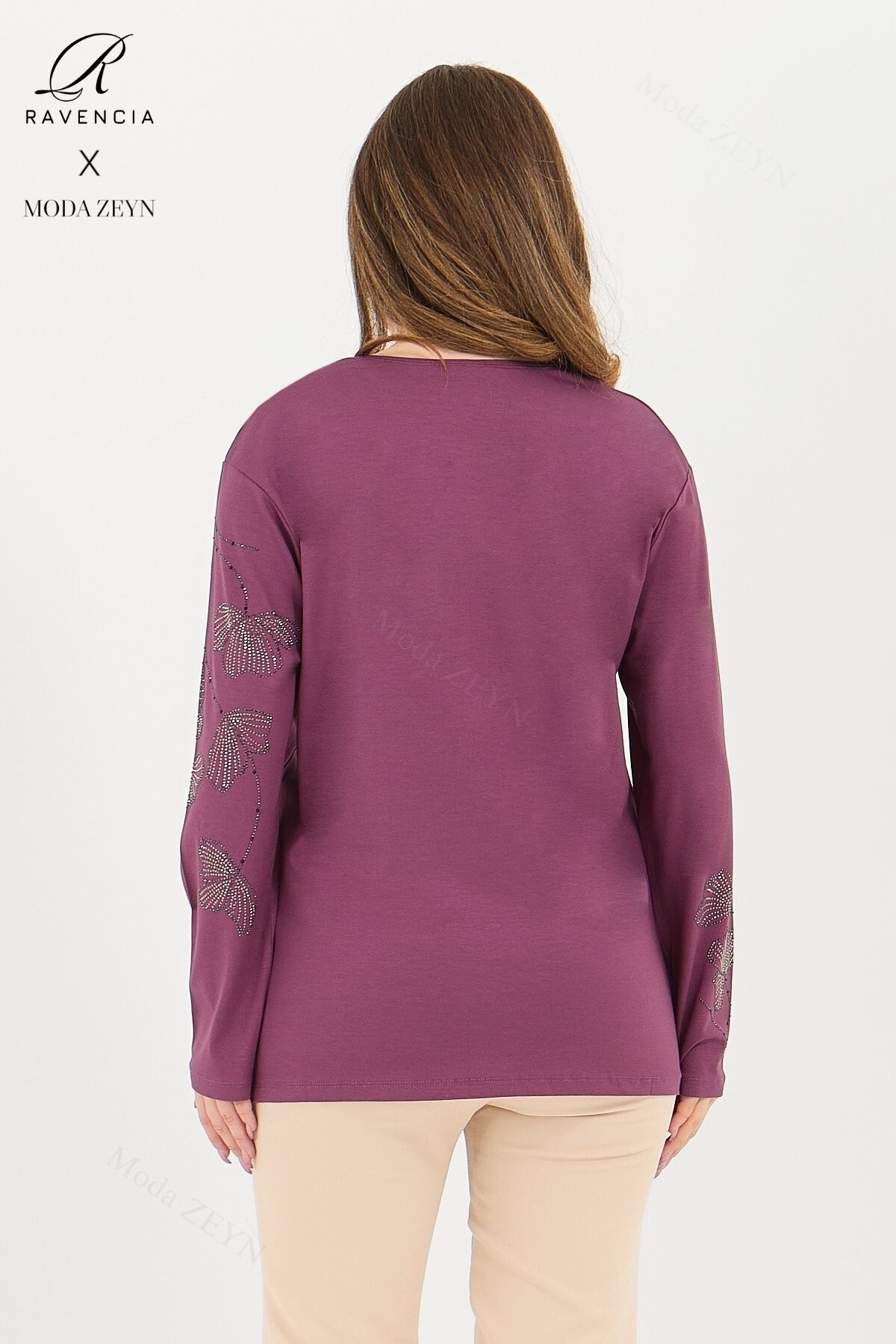 Kadın Orta Yaş Ve Üzeri Viskon Gonca Yaprak Desenli Taşlı Işlemeli Likralı Kiremit Anne Penye Bluz