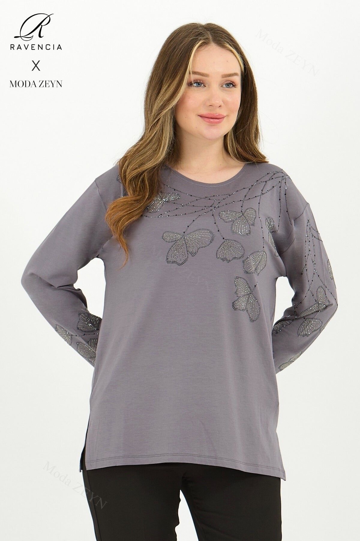 Kadın Orta Yaş Ve Üzeri Viskon Gonca Yaprak Desenli Taşlı Işlemeli Likralı Kiremit Anne Penye Bluz