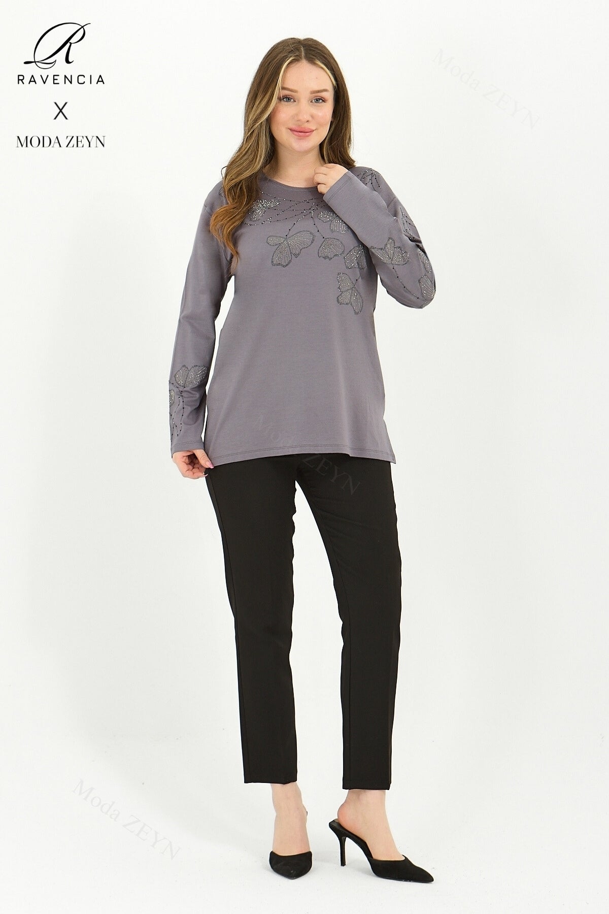 Kadın Orta Yaş Ve Üzeri Viskon Gonca Yaprak Desenli Taşlı Işlemeli Likralı Kiremit Anne Penye Bluz