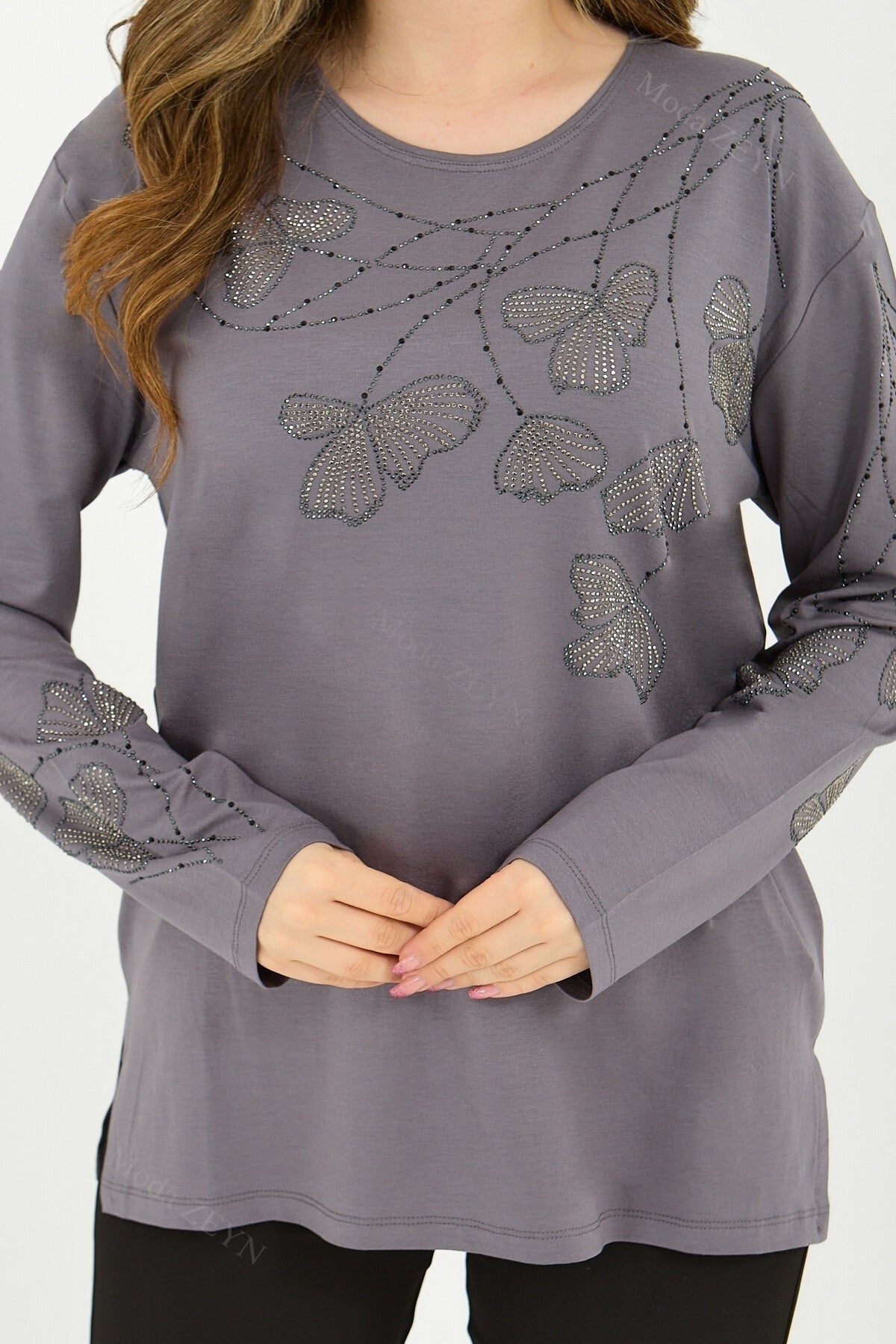 Kadın Orta Yaş Ve Üzeri Viskon Gonca Yaprak Desenli Taşlı Işlemeli Likralı Kiremit Anne Penye Bluz