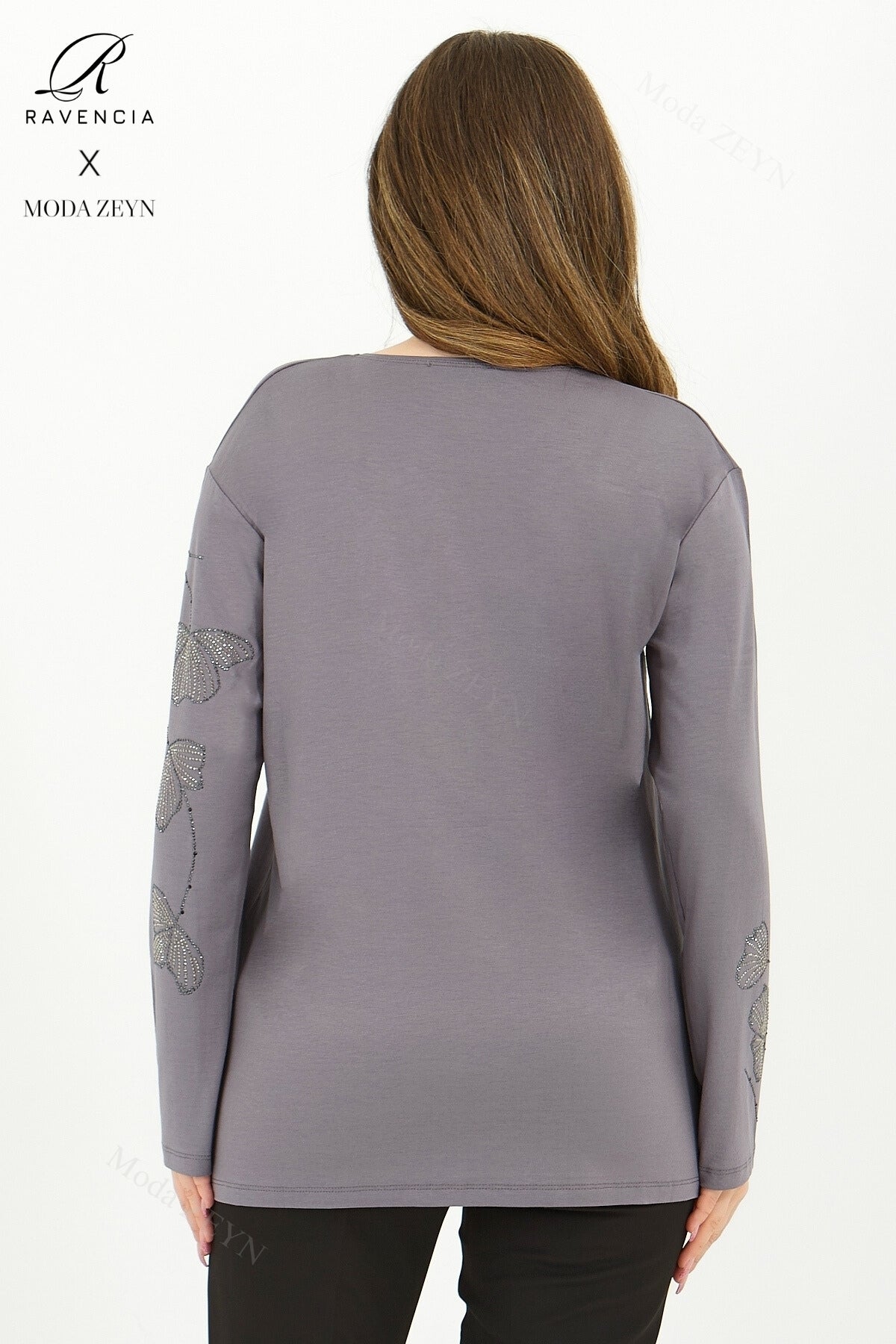 Kadın Orta Yaş Ve Üzeri Viskon Gonca Yaprak Desenli Taşlı Işlemeli Likralı Kiremit Anne Penye Bluz