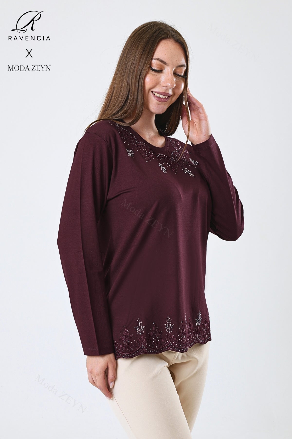 Kadın Orta Yaş Ve Üzeri Viskon Yaprak Desenli Eteği Yakası Taşlı Işlemeli Likralı Zümrüt Anne Penye