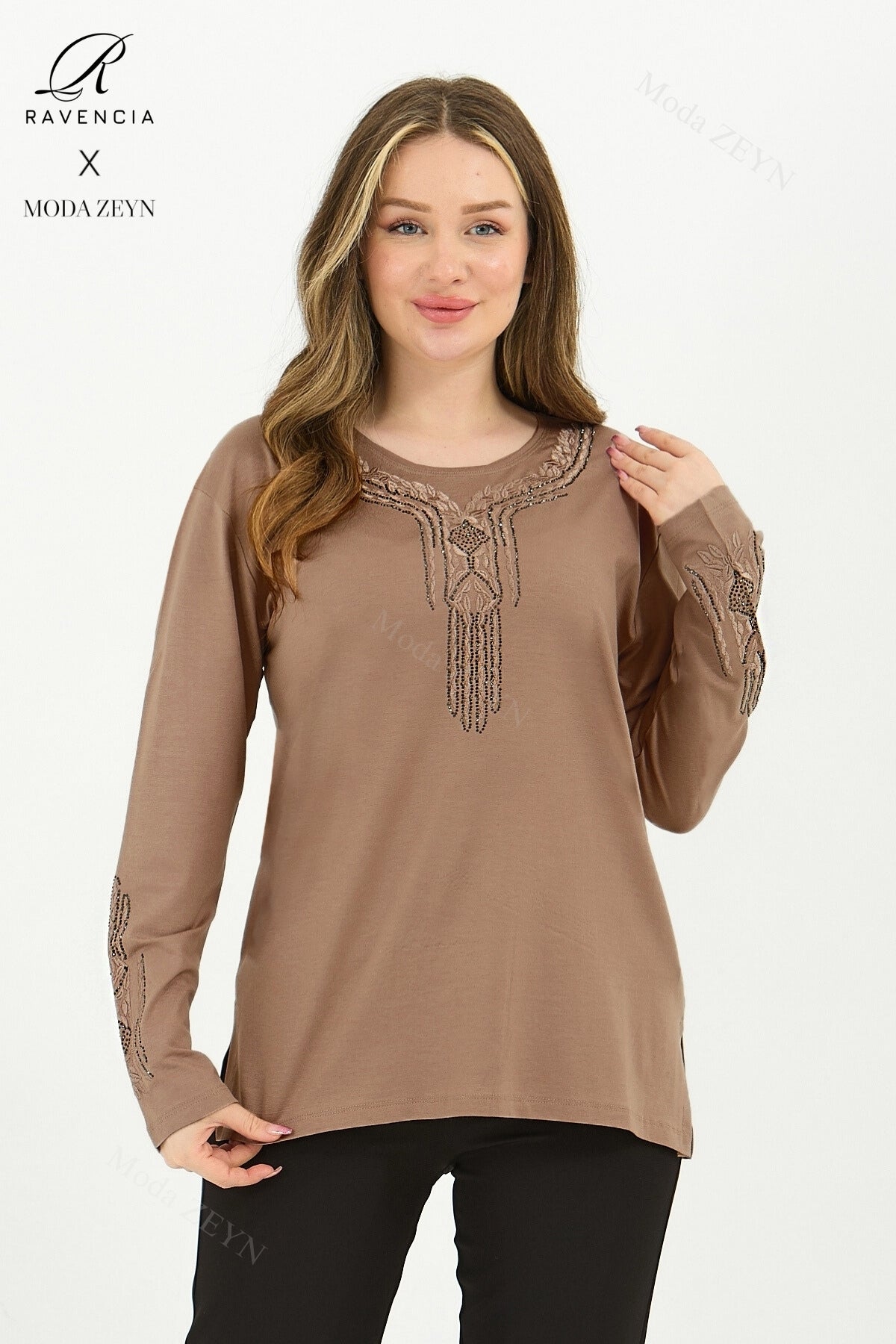 Kadın Orta Yaş Ve Üzeri Viskon Madolyon Desen Taşlı Işlemeli Likralı Anne Penye Bluz