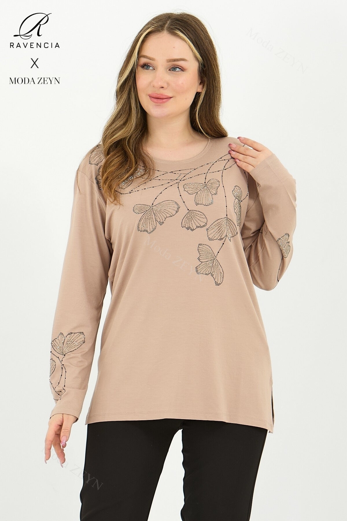 Kadın Orta Yaş Ve Üzeri Viskon Gonca Yaprak Desenli Taşlı Işlemeli Likralı Kiremit Anne Penye Bluz