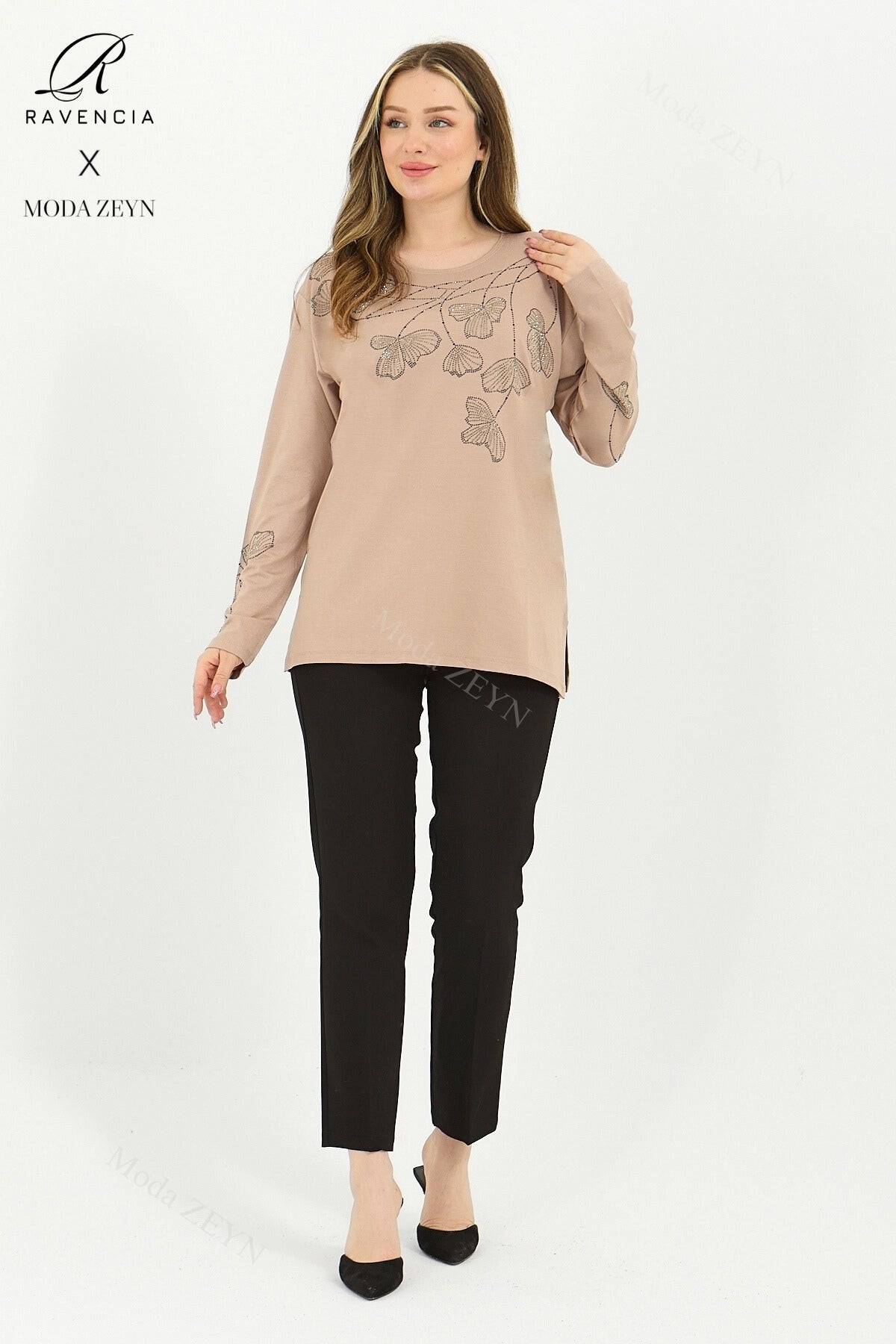 Kadın Orta Yaş Ve Üzeri Viskon Gonca Yaprak Desenli Taşlı Işlemeli Likralı Kiremit Anne Penye Bluz