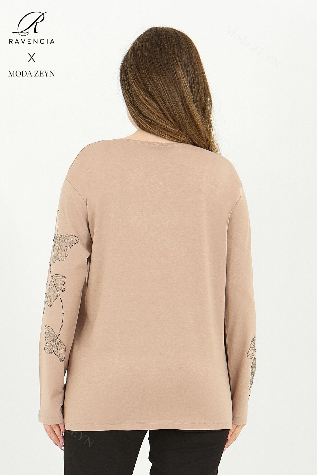 Kadın Orta Yaş Ve Üzeri Viskon Gonca Yaprak Desenli Taşlı Işlemeli Likralı Kiremit Anne Penye Bluz