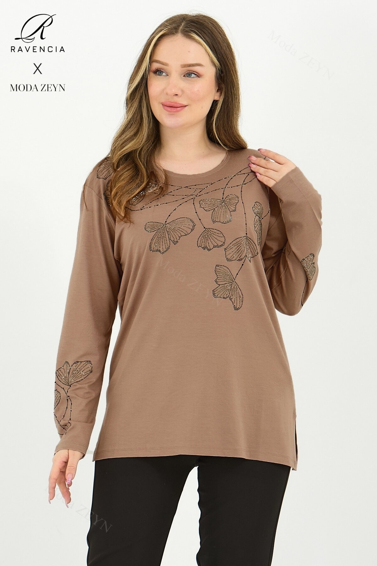 Kadın Orta Yaş Ve Üzeri Viskon Gonca Yaprak Desenli Taşlı Işlemeli Likralı Kiremit Anne Penye Bluz