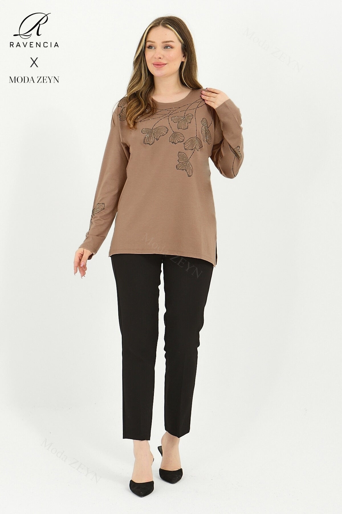 Kadın Orta Yaş Ve Üzeri Viskon Gonca Yaprak Desenli Taşlı Işlemeli Likralı Kiremit Anne Penye Bluz