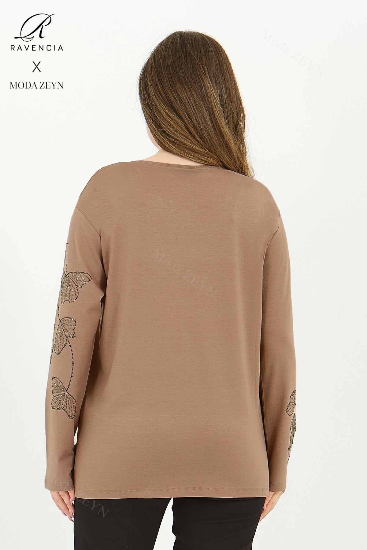 Kadın Orta Yaş Ve Üzeri Viskon Gonca Yaprak Desenli Taşlı Işlemeli Likralı Kiremit Anne Penye Bluz