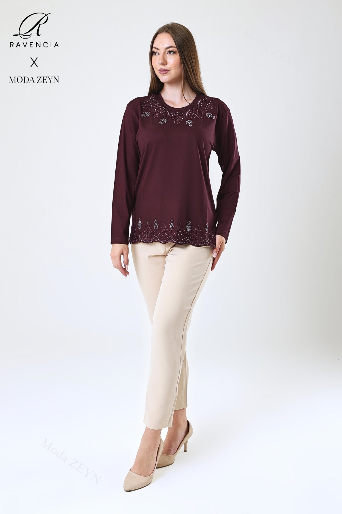 Kadın Orta Yaş Ve Üzeri Viskon Yaprak Desenli Eteği Yakası Taşlı Işlemeli Likralı Zümrüt Anne Penye