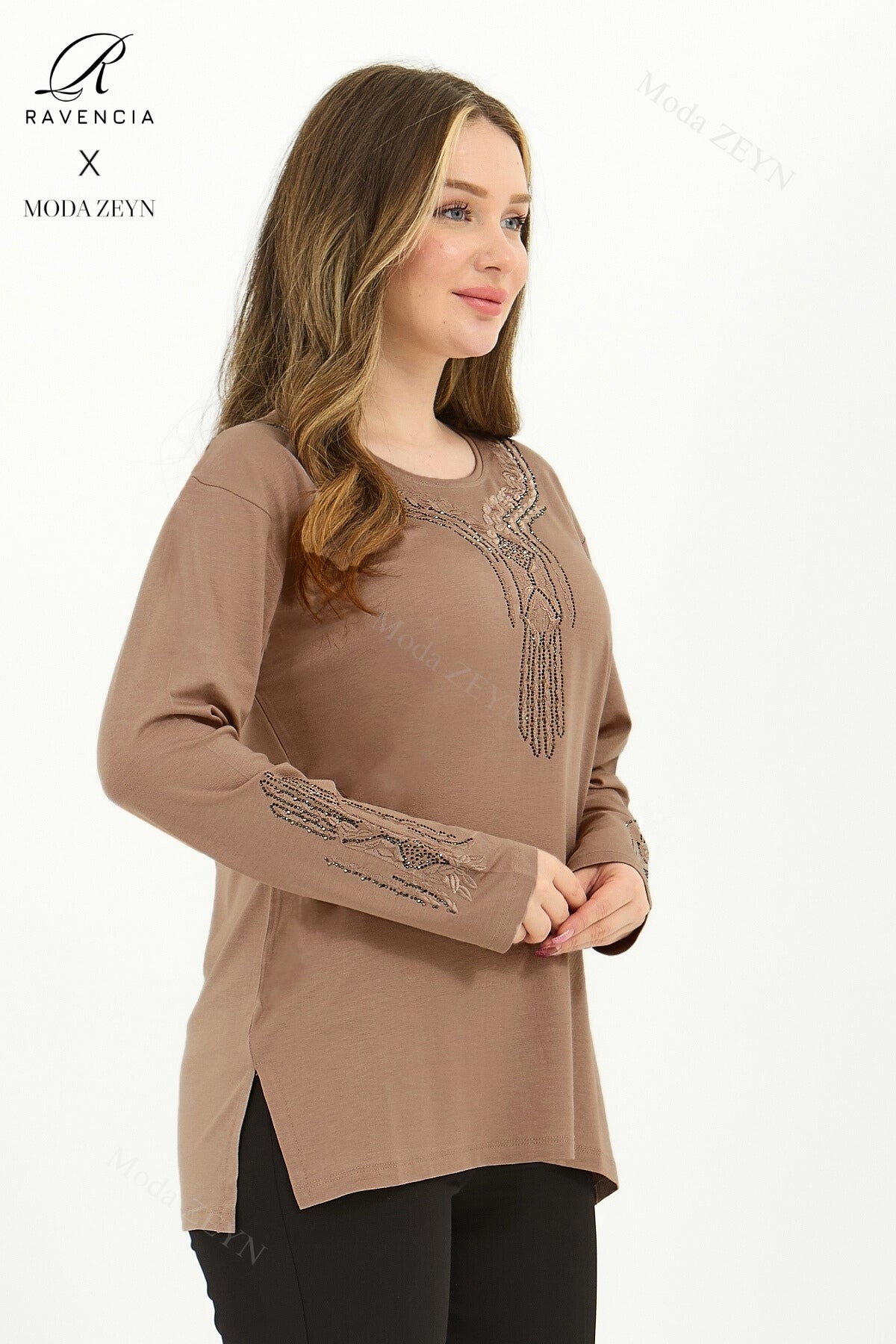 Kadın Orta Yaş Ve Üzeri Viskon Madolyon Desen Taşlı Işlemeli Likralı Anne Penye Bluz