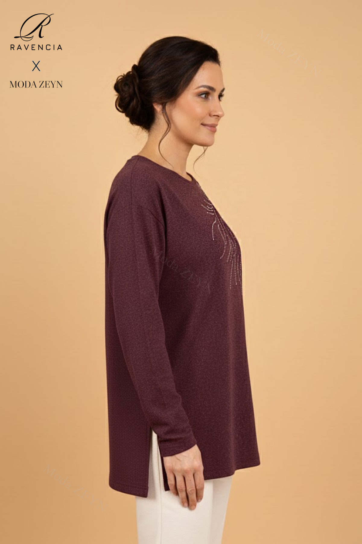 Kadın Damla Desenli Taşlı Likralı Yırtmaçlı Yün Anne Penye Bluz