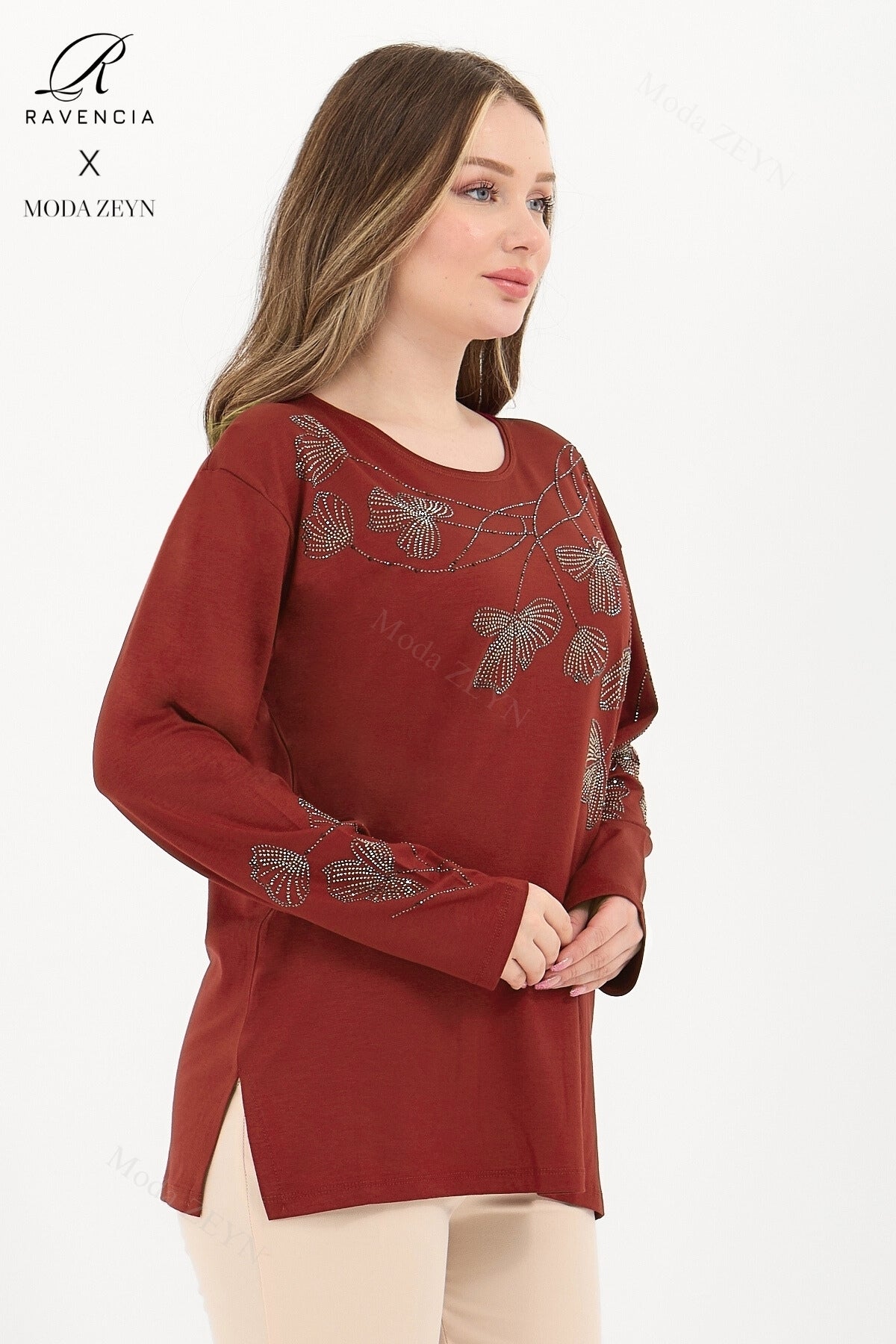 Kadın Orta Yaş Ve Üzeri Viskon Gonca Yaprak Desenli Taşlı Işlemeli Likralı Kiremit Anne Penye Bluz