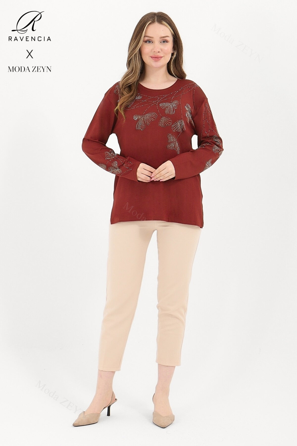 Kadın Orta Yaş Ve Üzeri Viskon Gonca Yaprak Desenli Taşlı Işlemeli Likralı Kiremit Anne Penye Bluz