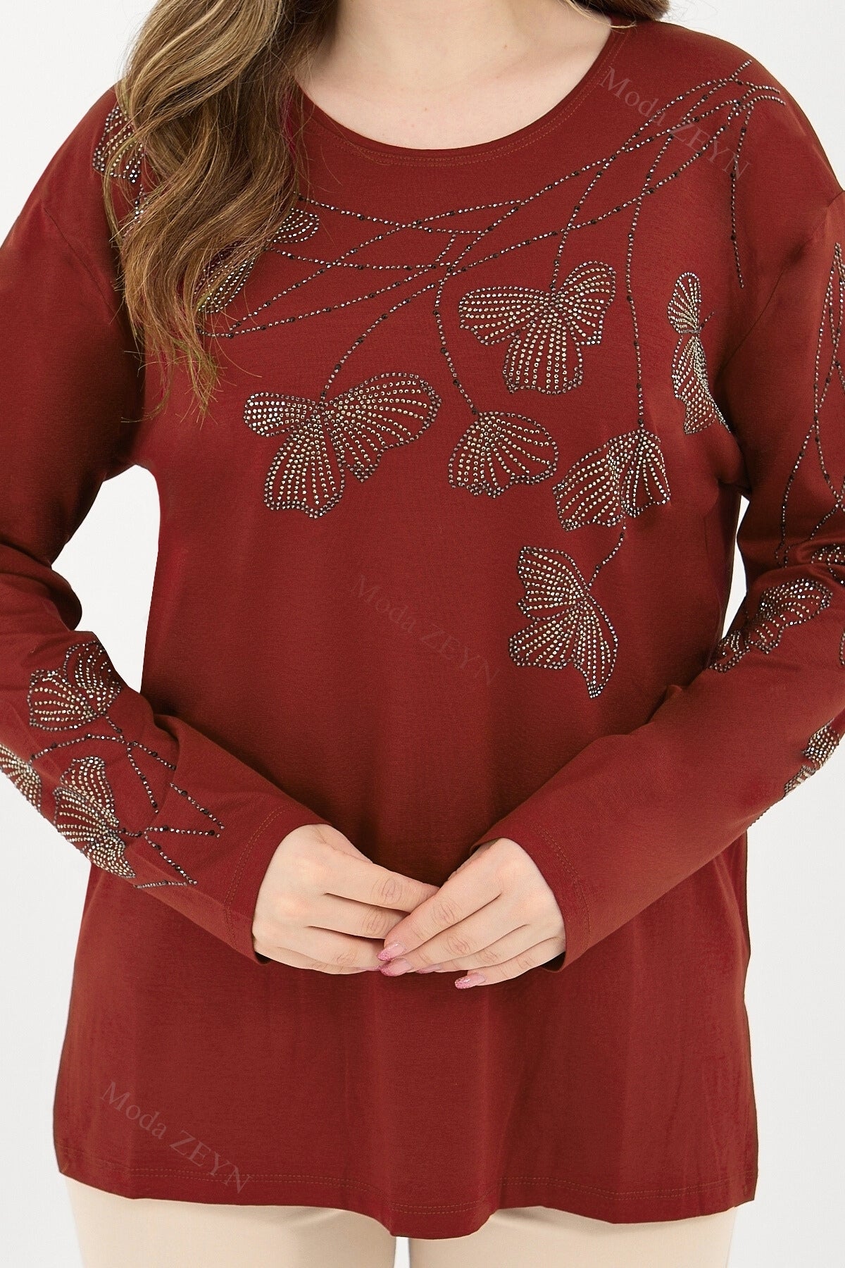 Kadın Orta Yaş Ve Üzeri Viskon Gonca Yaprak Desenli Taşlı Işlemeli Likralı Kiremit Anne Penye Bluz