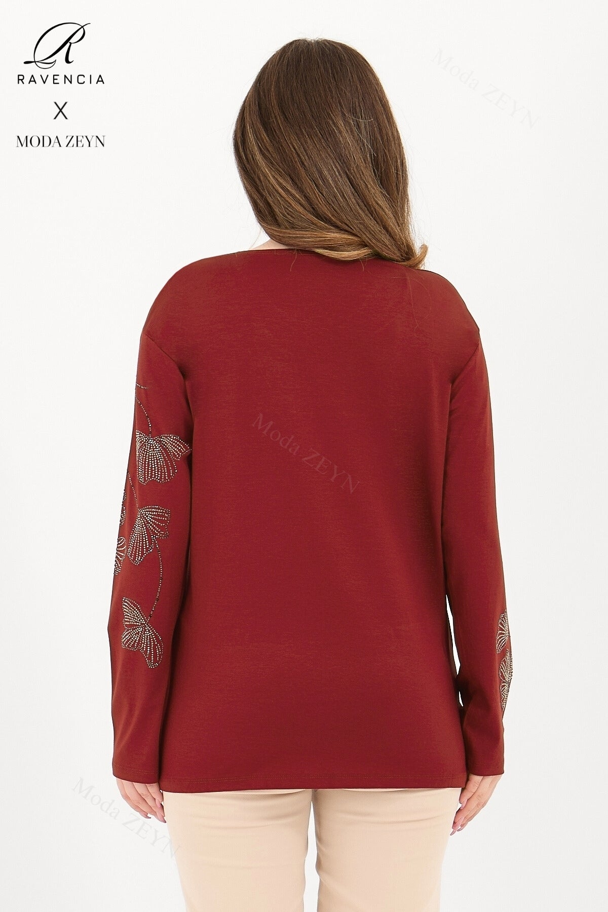 Kadın Orta Yaş Ve Üzeri Viskon Gonca Yaprak Desenli Taşlı Işlemeli Likralı Kiremit Anne Penye Bluz