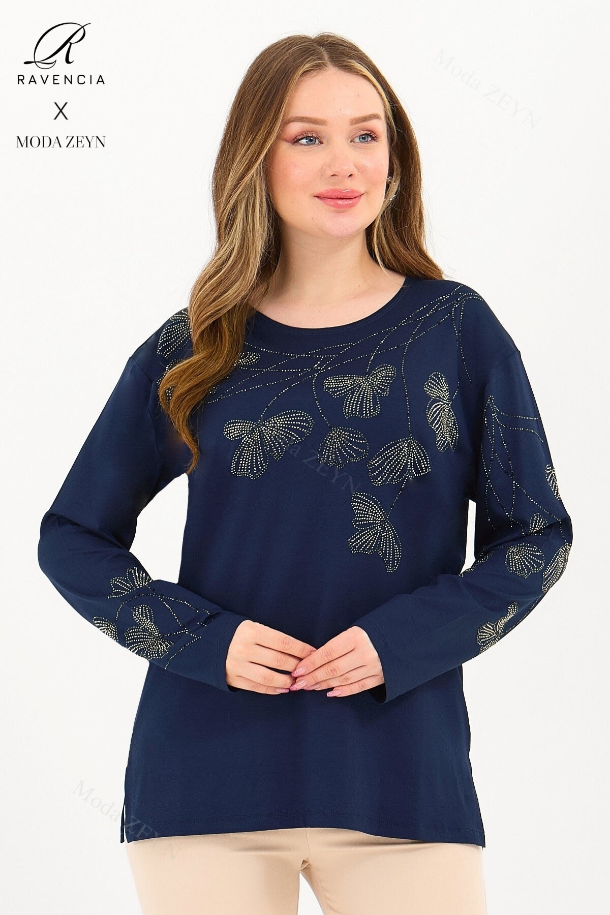 Kadın Orta Yaş Ve Üzeri Viskon Gonca Yaprak Desenli Taşlı Işlemeli Likralı Kiremit Anne Penye Bluz