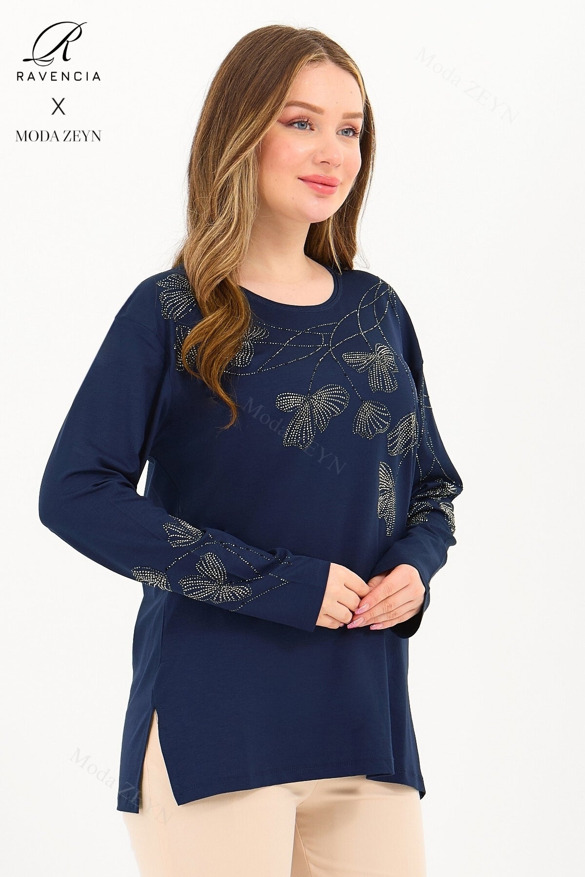 Kadın Orta Yaş Ve Üzeri Viskon Gonca Yaprak Desenli Taşlı Işlemeli Likralı Kiremit Anne Penye Bluz