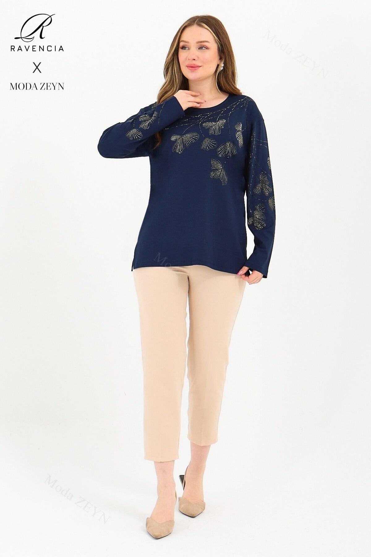 Kadın Orta Yaş Ve Üzeri Viskon Gonca Yaprak Desenli Taşlı Işlemeli Likralı Kiremit Anne Penye Bluz