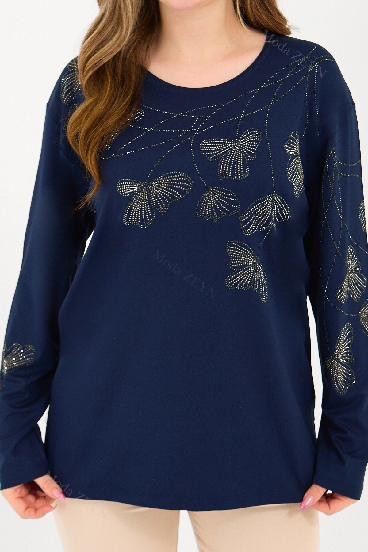 Kadın Orta Yaş Ve Üzeri Viskon Gonca Yaprak Desenli Taşlı Işlemeli Likralı Kiremit Anne Penye Bluz