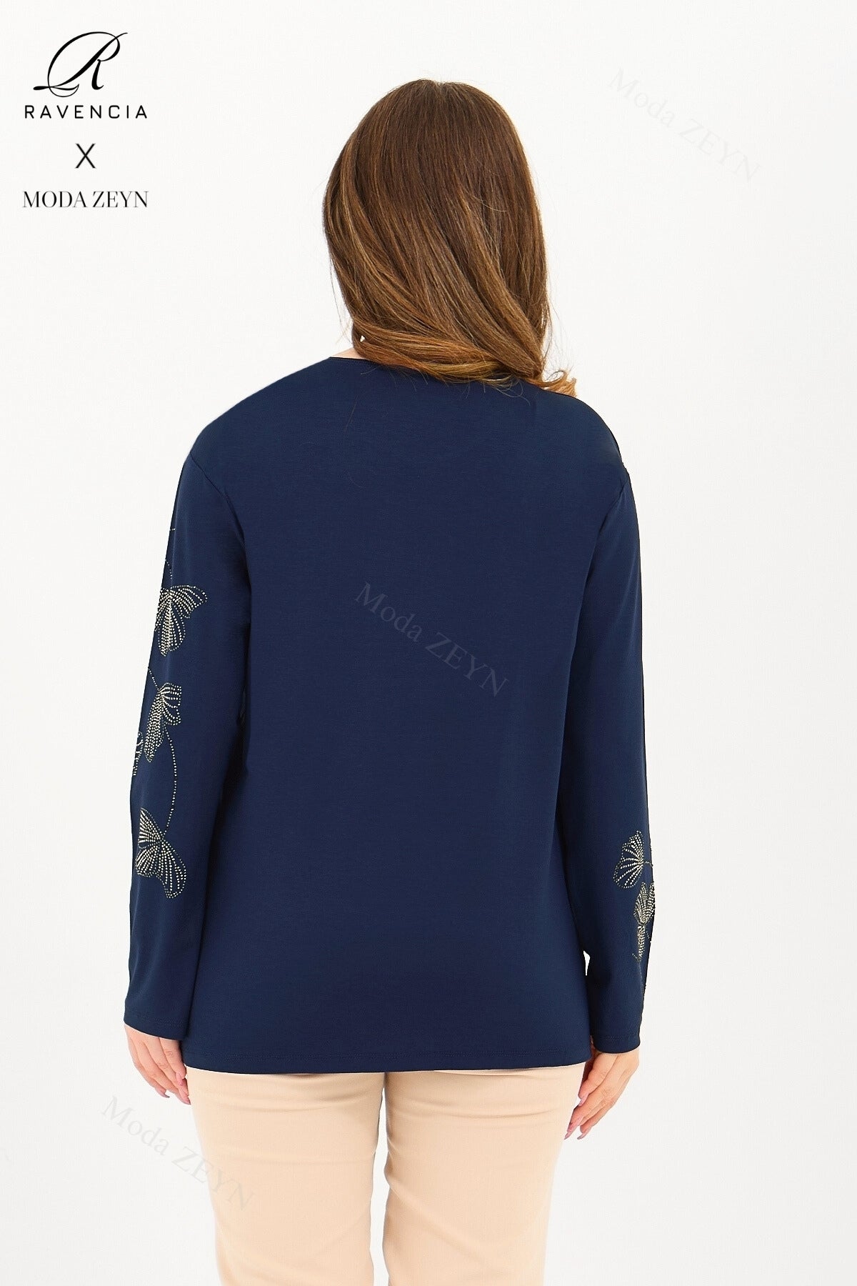 Kadın Orta Yaş Ve Üzeri Viskon Gonca Yaprak Desenli Taşlı Işlemeli Likralı Kiremit Anne Penye Bluz