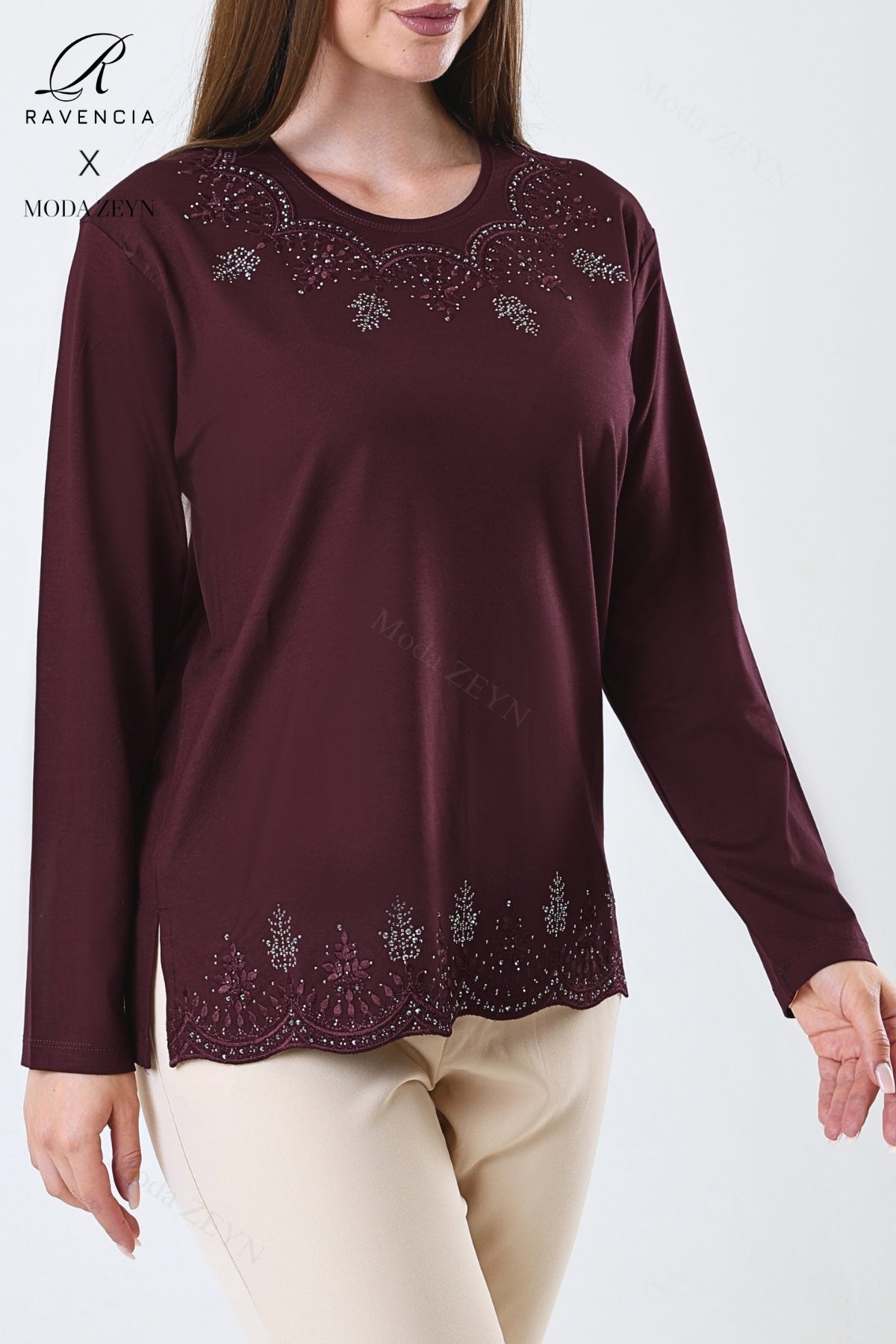 Kadın Orta Yaş Ve Üzeri Viskon Yaprak Desenli Eteği Yakası Taşlı Işlemeli Likralı Zümrüt Anne Penye