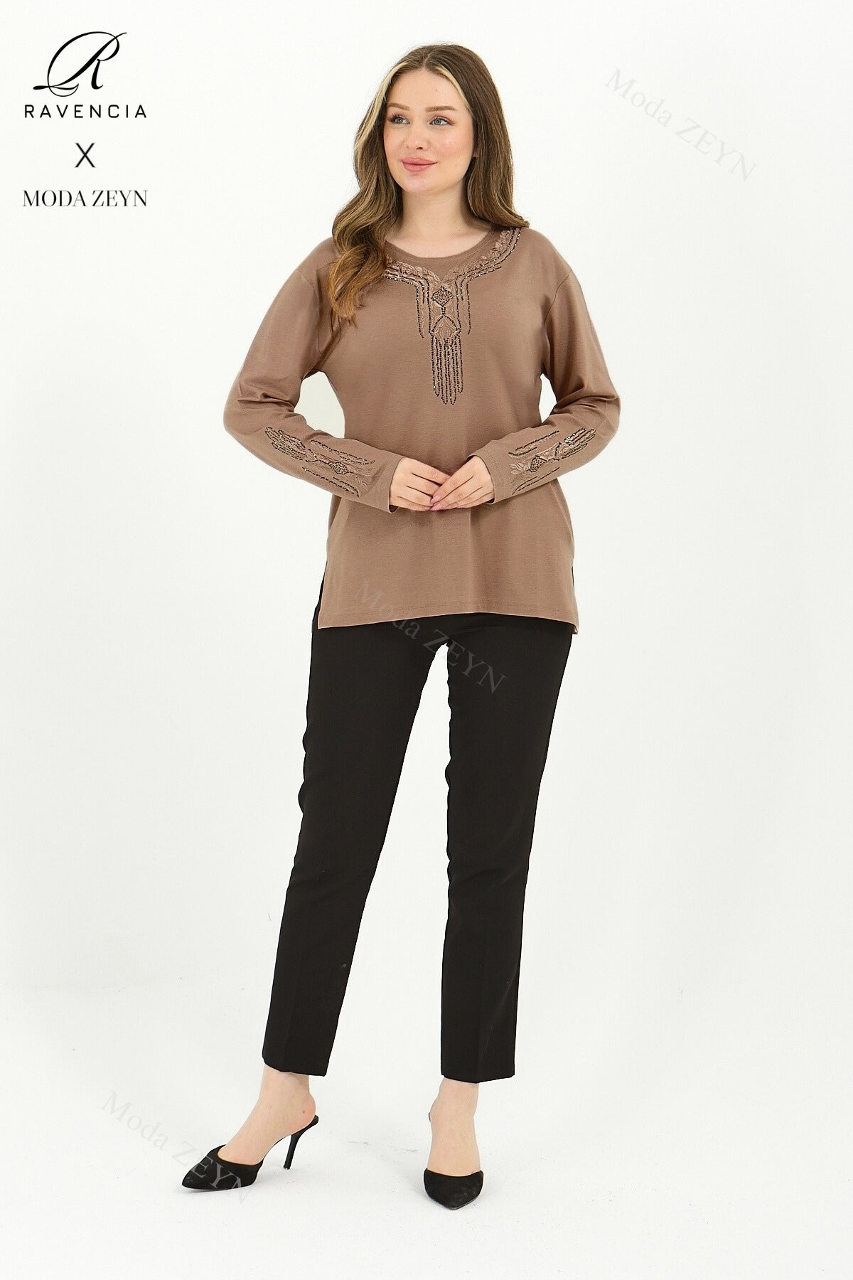 Kadın Orta Yaş Ve Üzeri Viskon Madolyon Desen Taşlı Işlemeli Likralı Anne Penye Bluz