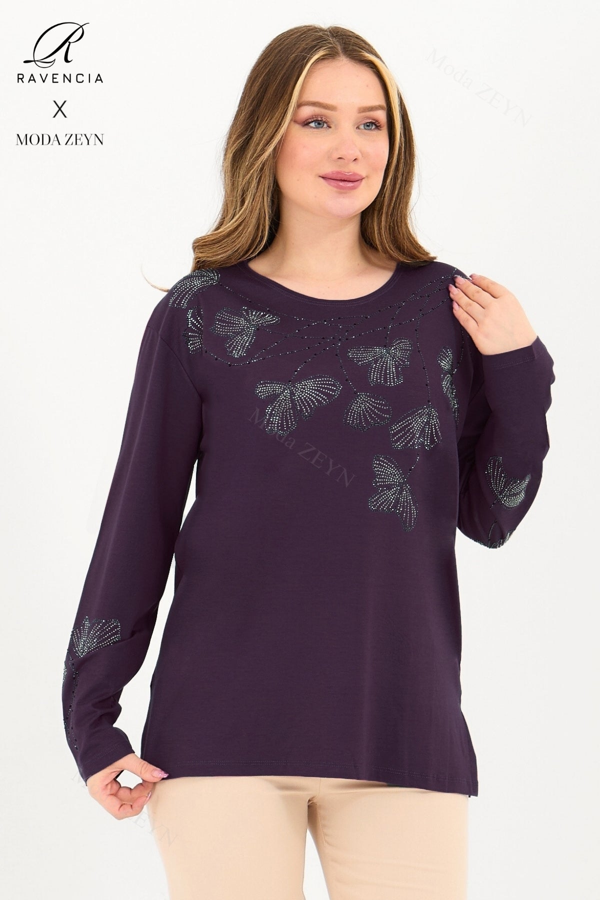 Kadın Orta Yaş Ve Üzeri Viskon Gonca Yaprak Desenli Taşlı Işlemeli Likralı Kiremit Anne Penye Bluz