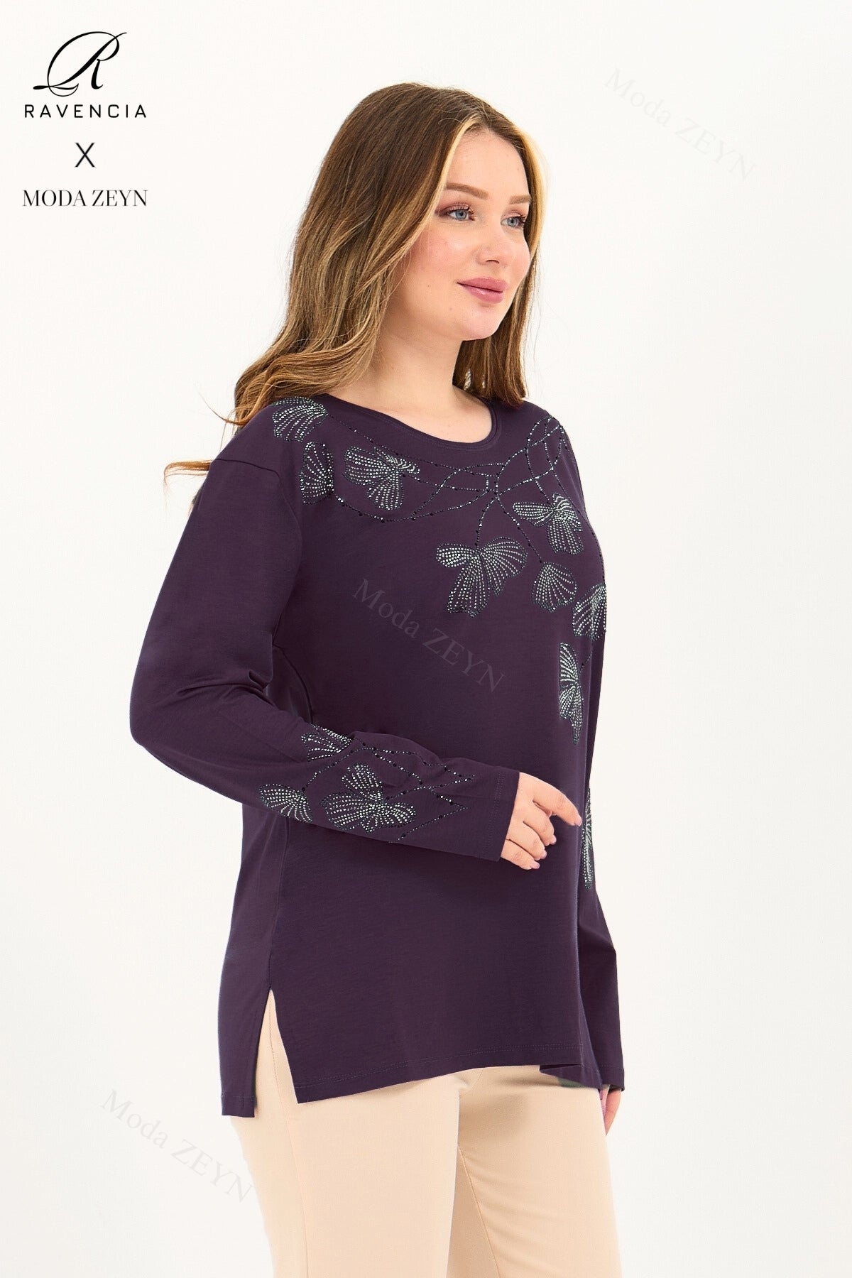 Kadın Orta Yaş Ve Üzeri Viskon Gonca Yaprak Desenli Taşlı Işlemeli Likralı Kiremit Anne Penye Bluz