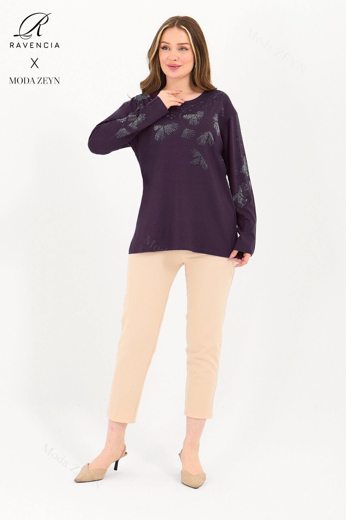 Kadın Orta Yaş Ve Üzeri Viskon Gonca Yaprak Desenli Taşlı Işlemeli Likralı Kiremit Anne Penye Bluz