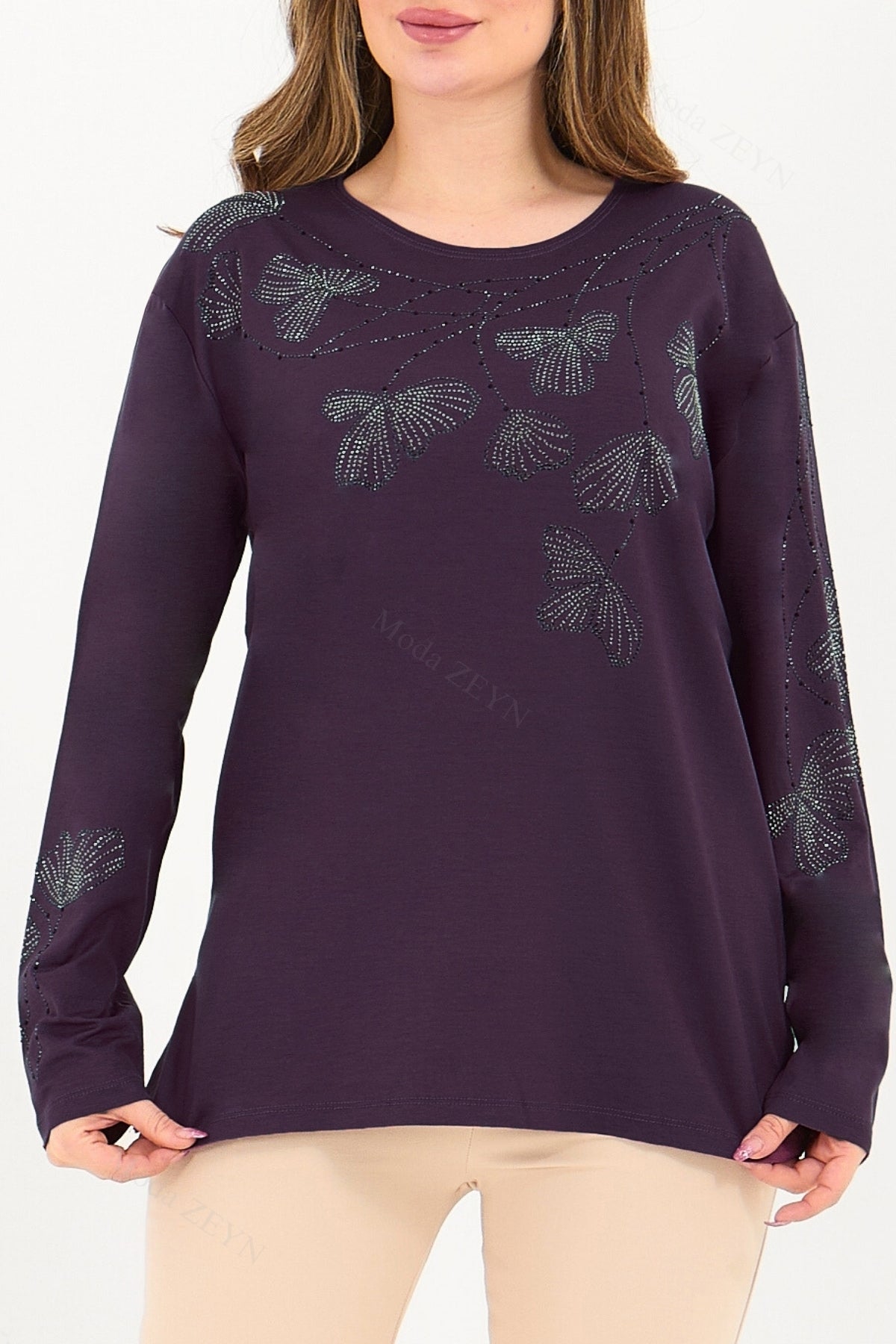 Kadın Orta Yaş Ve Üzeri Viskon Gonca Yaprak Desenli Taşlı Işlemeli Likralı Kiremit Anne Penye Bluz