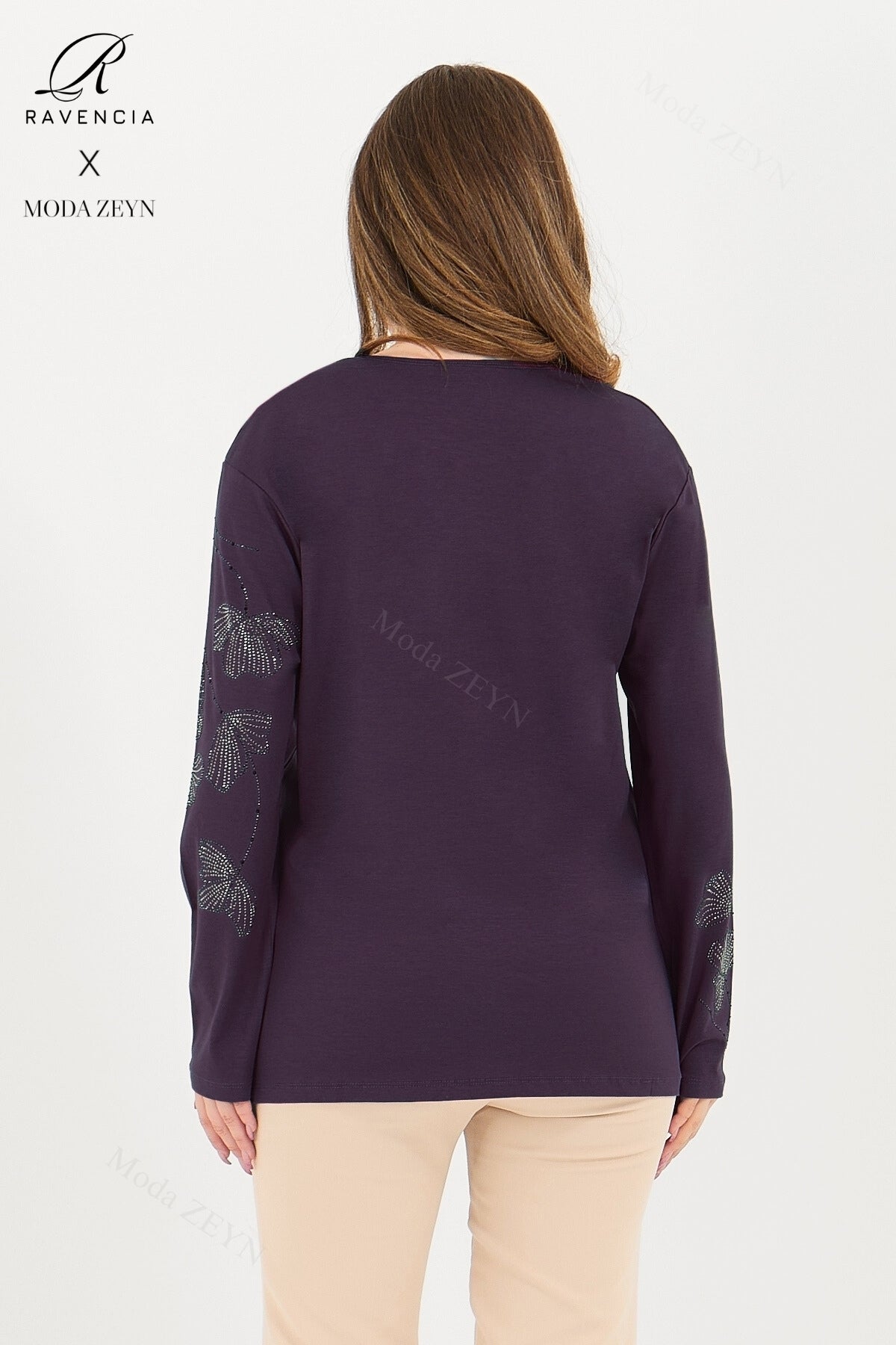 Kadın Orta Yaş Ve Üzeri Viskon Gonca Yaprak Desenli Taşlı Işlemeli Likralı Kiremit Anne Penye Bluz