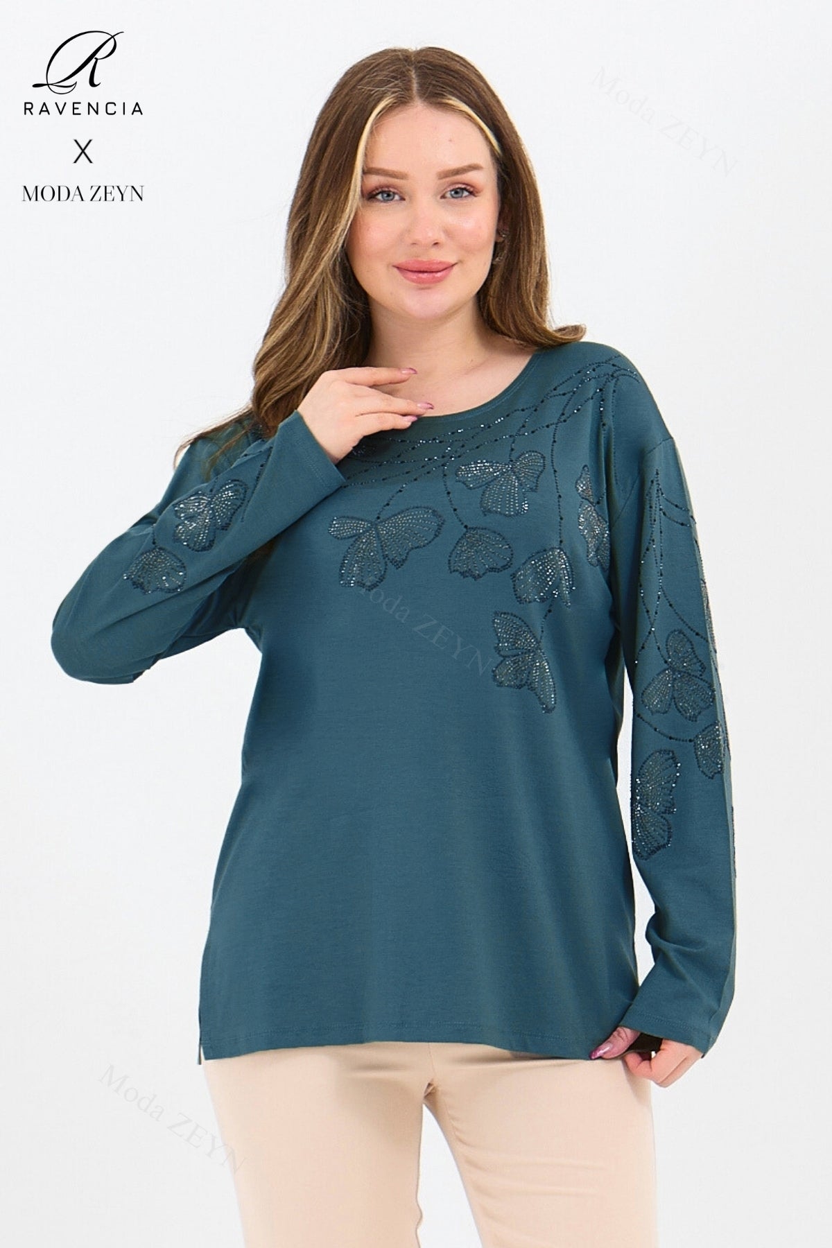 Kadın Orta Yaş Ve Üzeri Viskon Gonca Yaprak Desenli Taşlı Işlemeli Likralı Kiremit Anne Penye Bluz