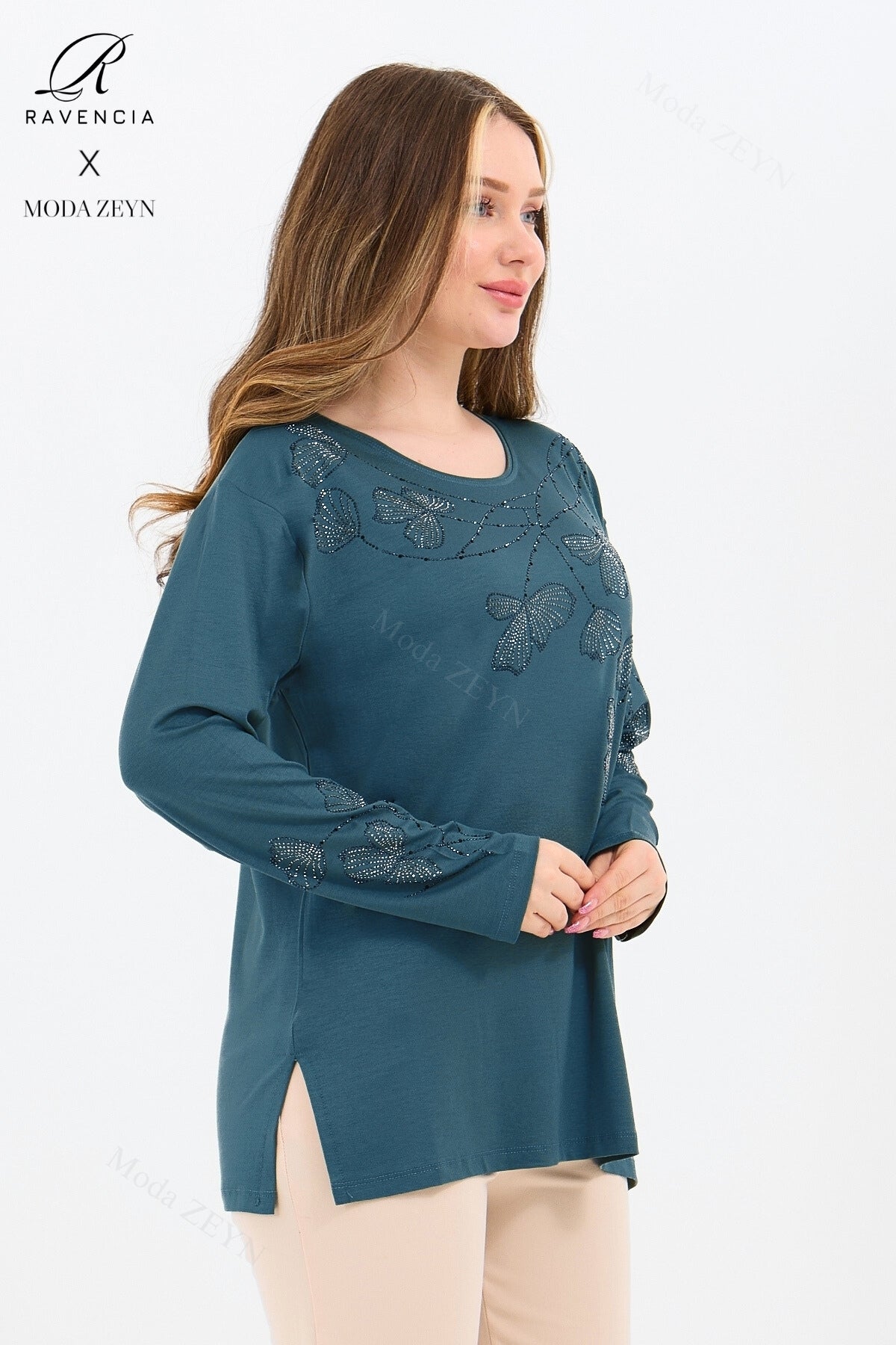 Kadın Orta Yaş Ve Üzeri Viskon Gonca Yaprak Desenli Taşlı Işlemeli Likralı Kiremit Anne Penye Bluz