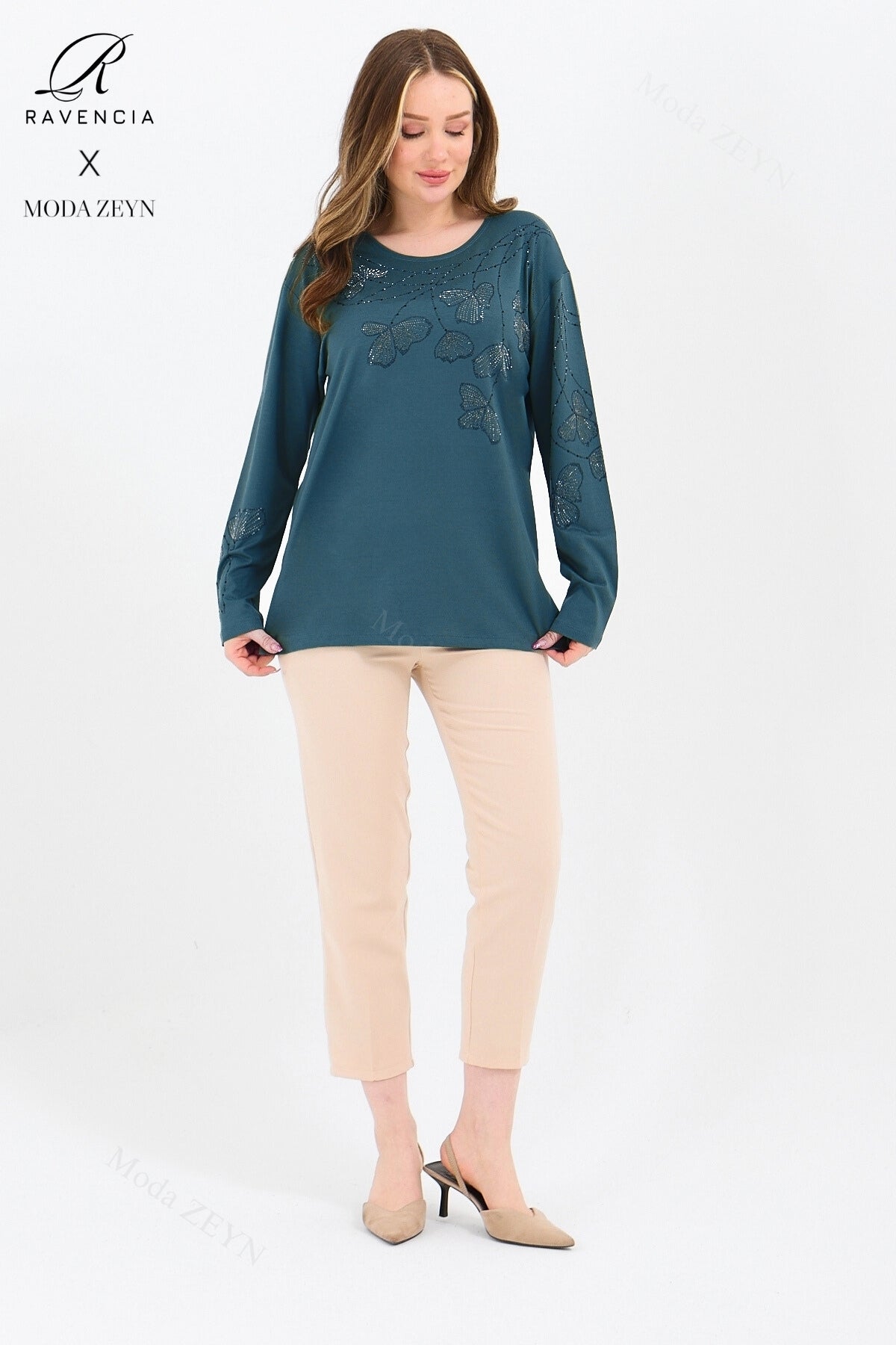 Kadın Orta Yaş Ve Üzeri Viskon Gonca Yaprak Desenli Taşlı Işlemeli Likralı Kiremit Anne Penye Bluz