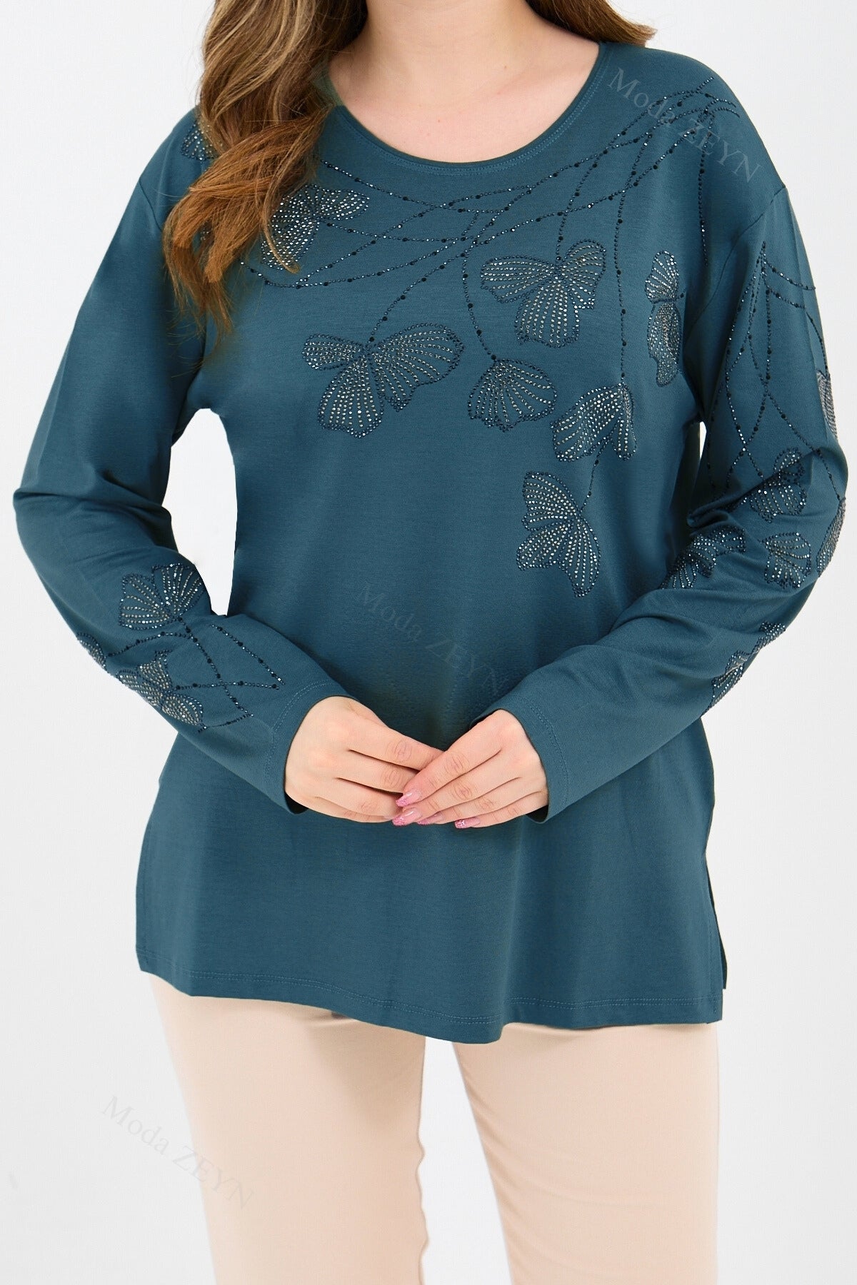 Kadın Orta Yaş Ve Üzeri Viskon Gonca Yaprak Desenli Taşlı Işlemeli Likralı Kiremit Anne Penye Bluz