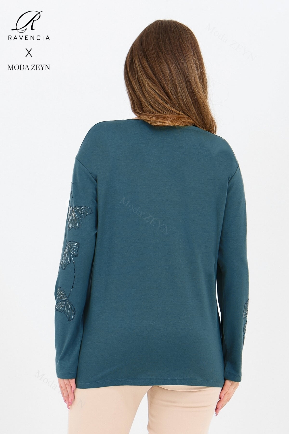 Kadın Orta Yaş Ve Üzeri Viskon Gonca Yaprak Desenli Taşlı Işlemeli Likralı Kiremit Anne Penye Bluz