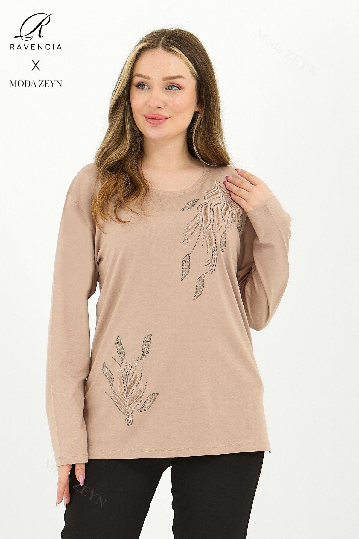 Kadın Orta Yaş Ve Üzeri Viskon Renkli Yaprak Desen Taşlı İşlemeli Likralı Anne Penye Bluz