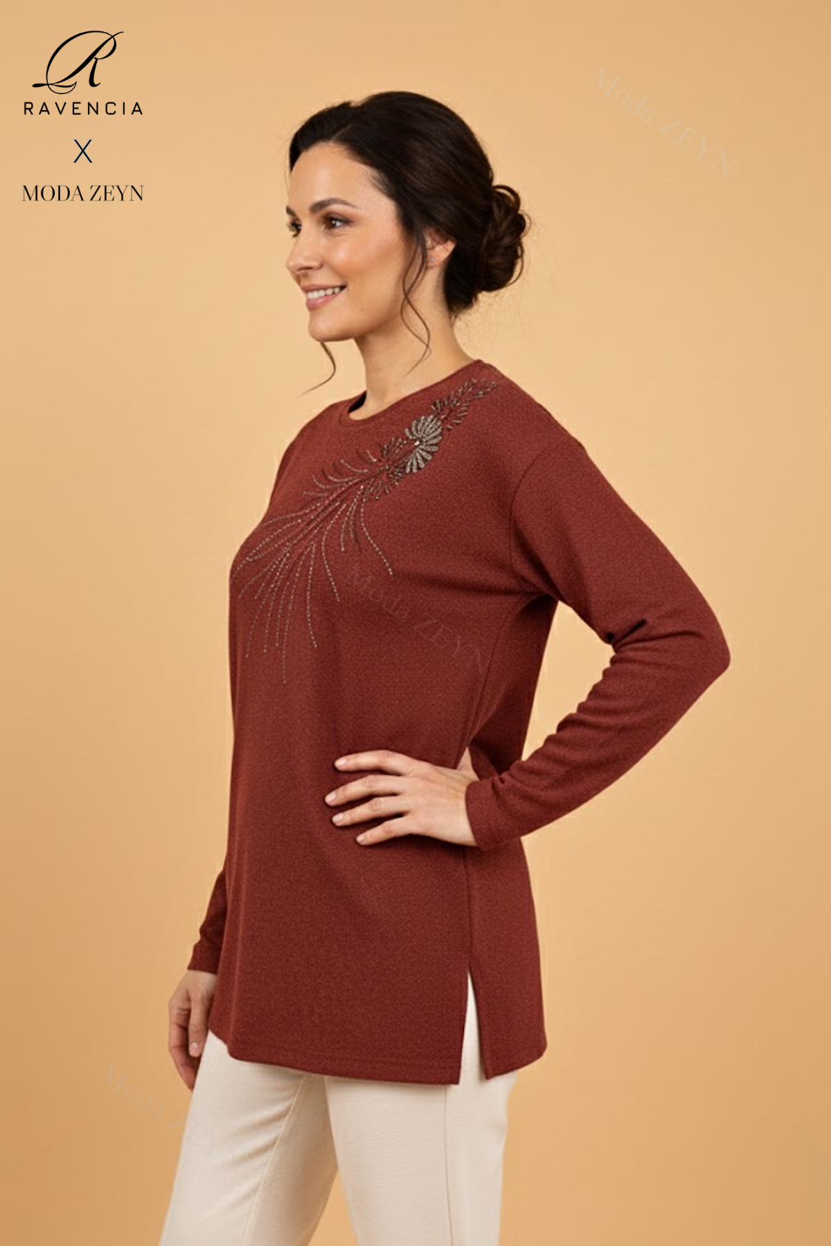 Kadın Damla Desenli Taşlı Likralı Yırtmaçlı Yün Anne Penye Bluz