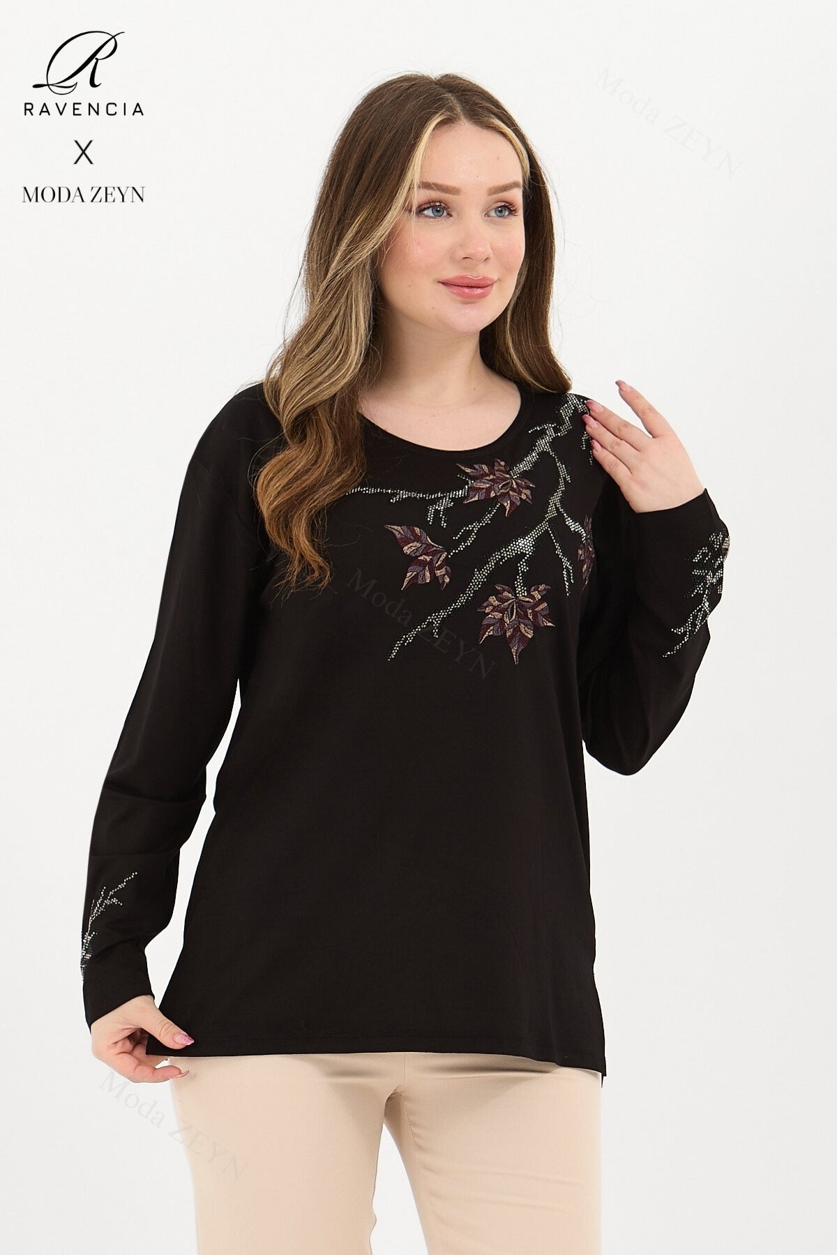 Kadın Orta Yaş Ve Üzeri Viskon Renkli Yaprak Desenli Taşlı İşlemeli Likralı Kahverengi Anne Penye Bl