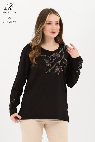 Kadın Orta Yaş Ve Üzeri Viskon Renkli Yaprak Desenli Taşlı İşlemeli Likralı Kahverengi Anne Penye Bl