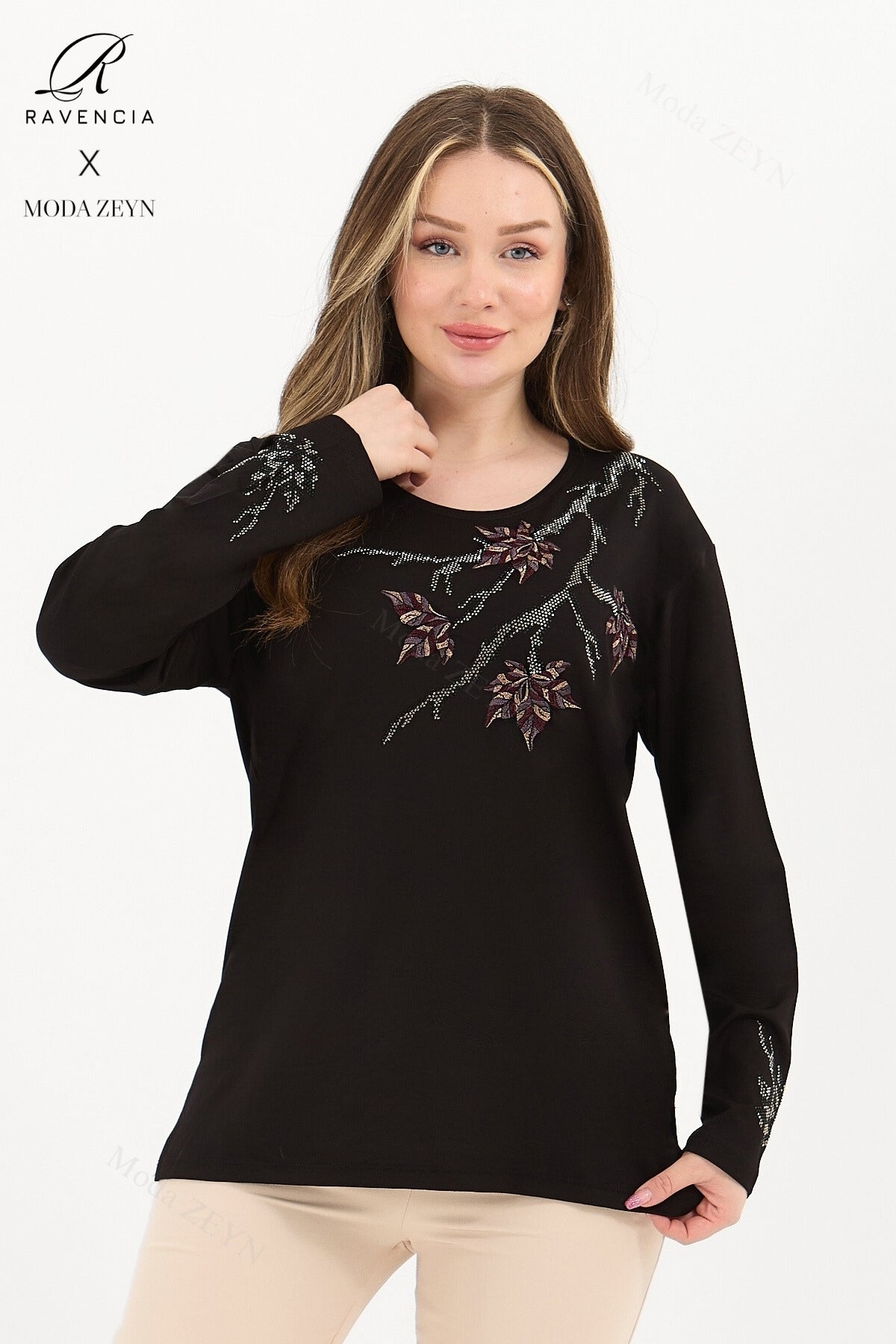 Kadın Orta Yaş Ve Üzeri Viskon Renkli Yaprak Desenli Taşlı İşlemeli Likralı Kahverengi Anne Penye Bl