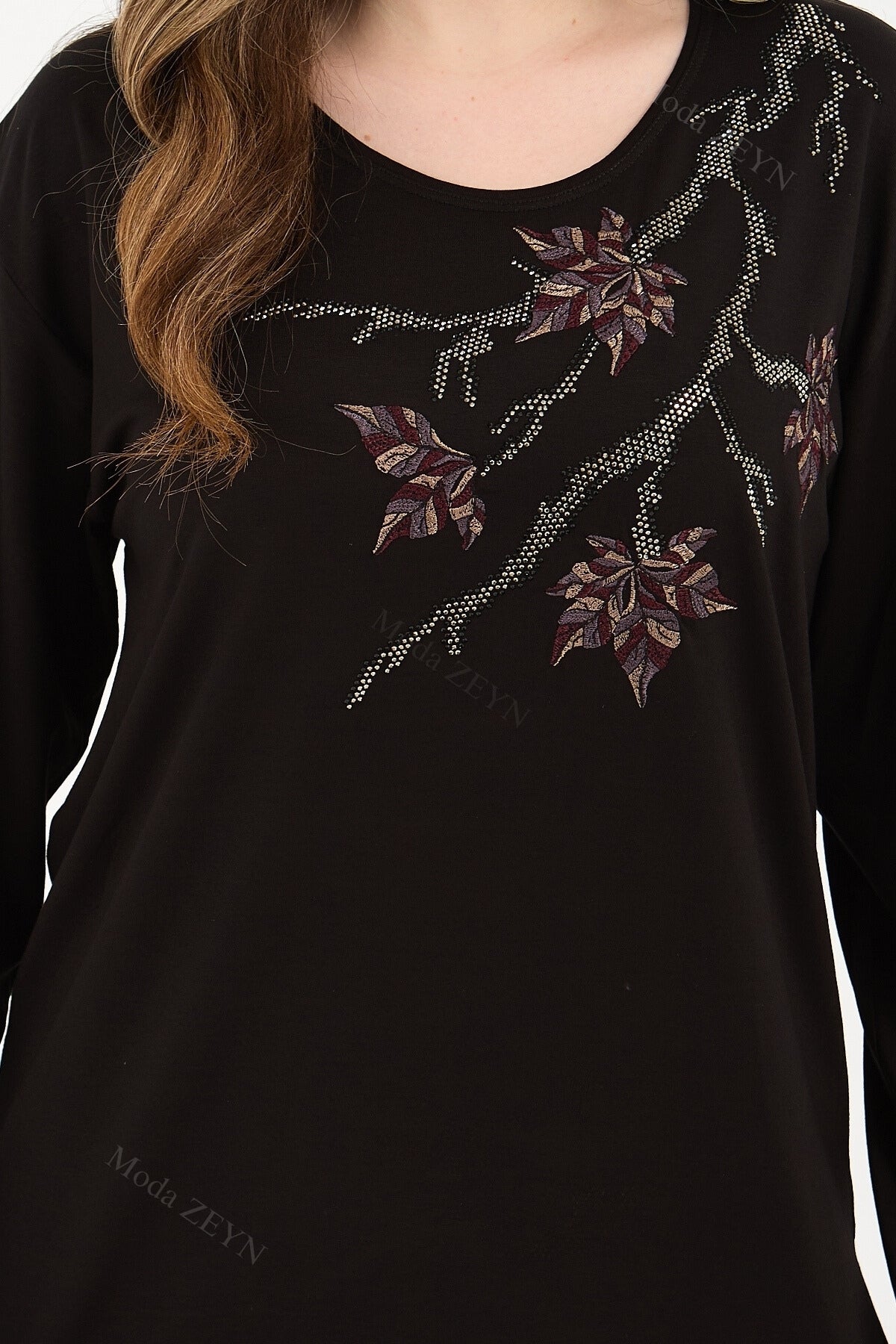 Kadın Orta Yaş Ve Üzeri Viskon Renkli Yaprak Desenli Taşlı İşlemeli Likralı Kahverengi Anne Penye Bl