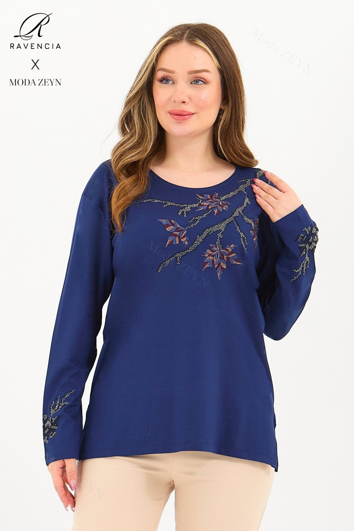 Kadın Orta Yaş Ve Üzeri Viskon Renkli Yaprak Desenli Taşlı İşlemeli Likralı Kahverengi Anne Penye Bl