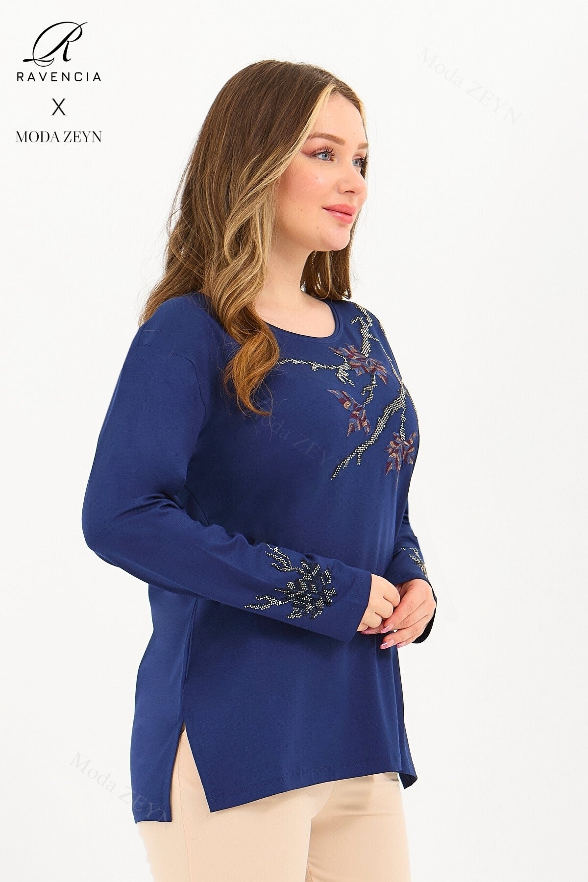 Kadın Orta Yaş Ve Üzeri Viskon Renkli Yaprak Desenli Taşlı İşlemeli Likralı Kahverengi Anne Penye Bl