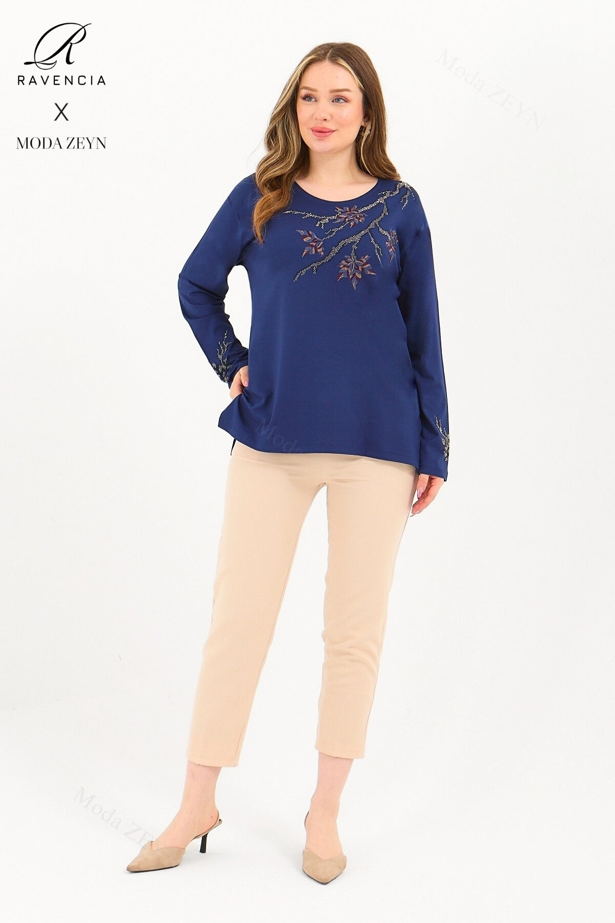 Kadın Orta Yaş Ve Üzeri Viskon Renkli Yaprak Desenli Taşlı İşlemeli Likralı Kahverengi Anne Penye Bl